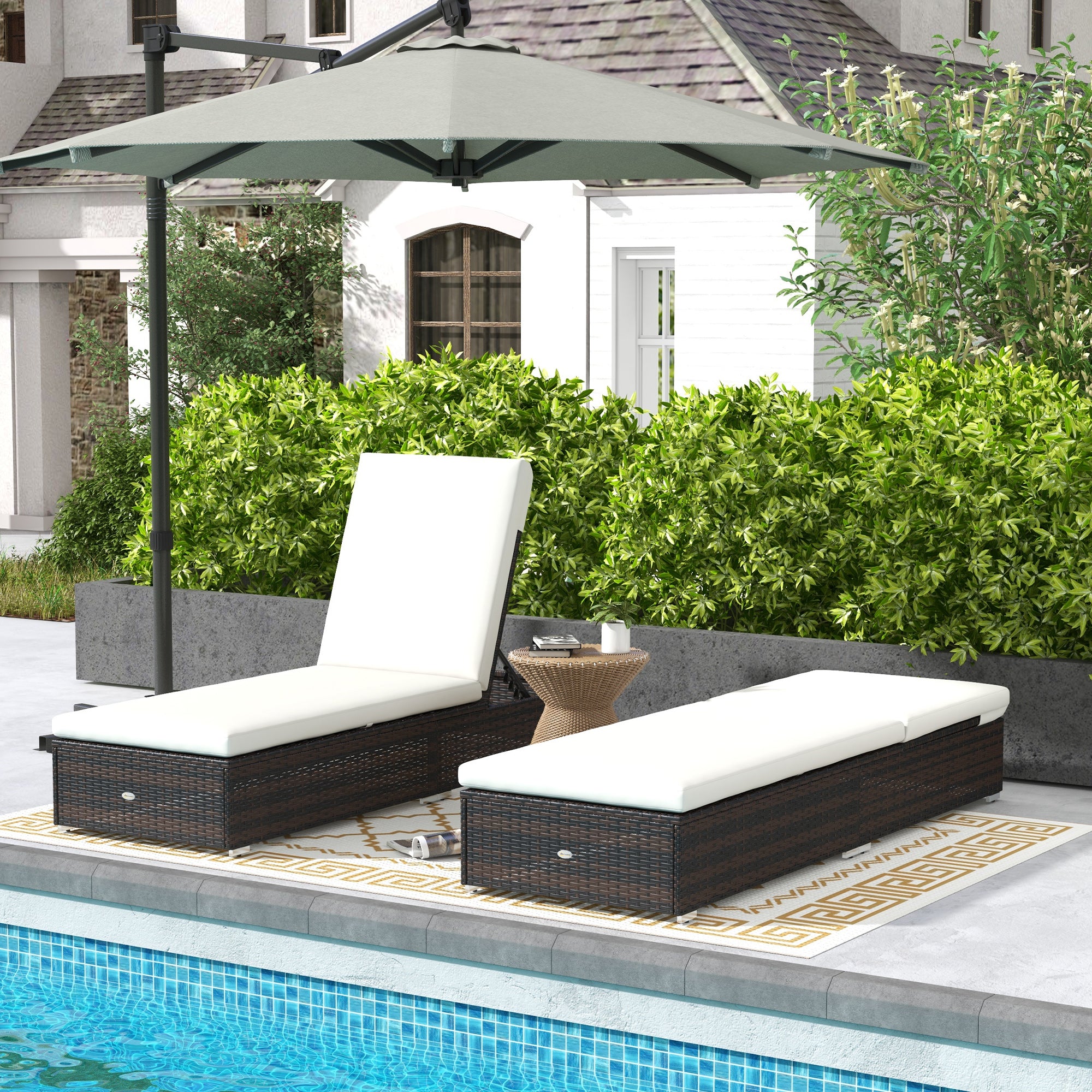 Set of Two Rattan Sun Loungers with Reclining Backs - Brown/Cream