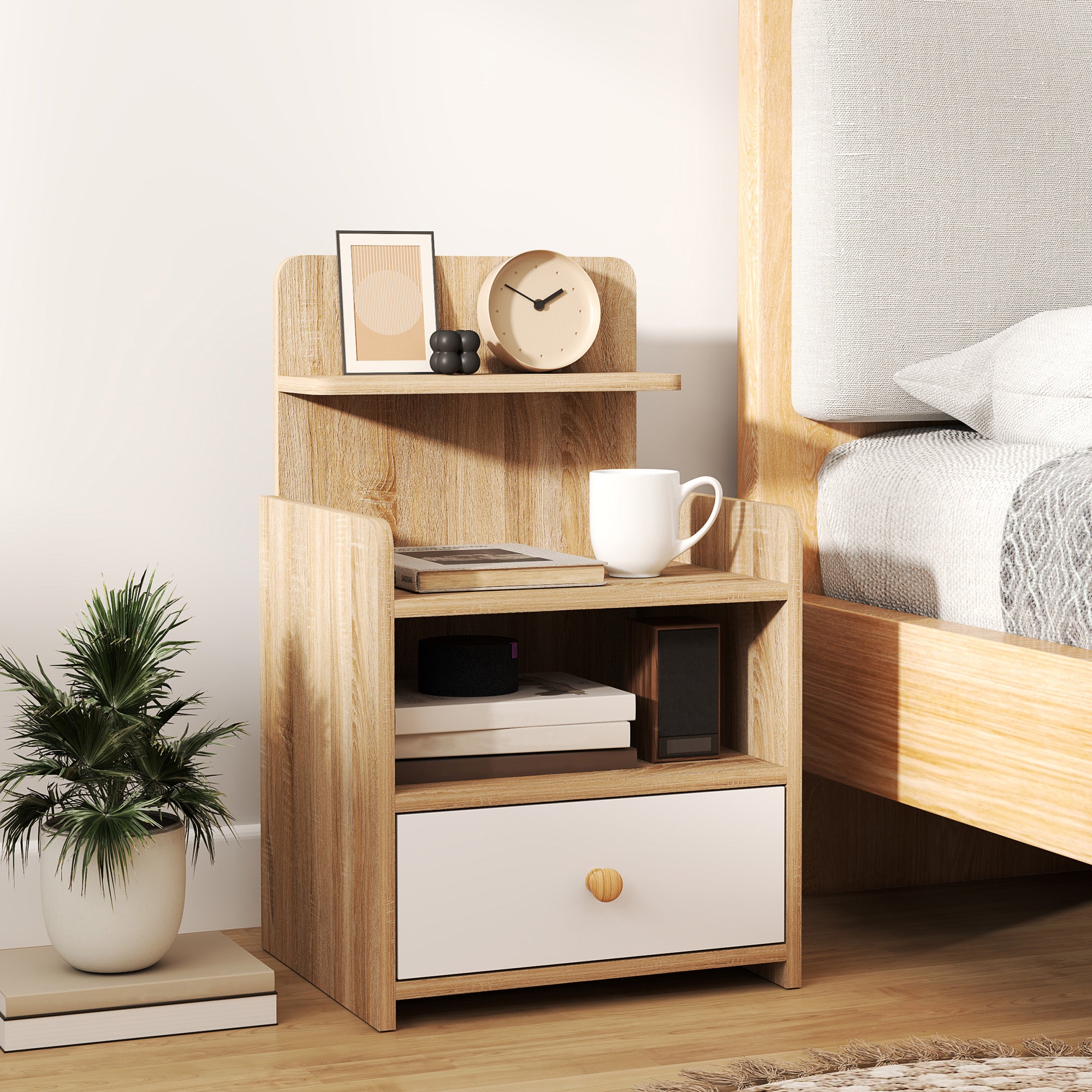 Multi-Storage Bedside Table with Drawer and Shelves - White/Wood-Effect