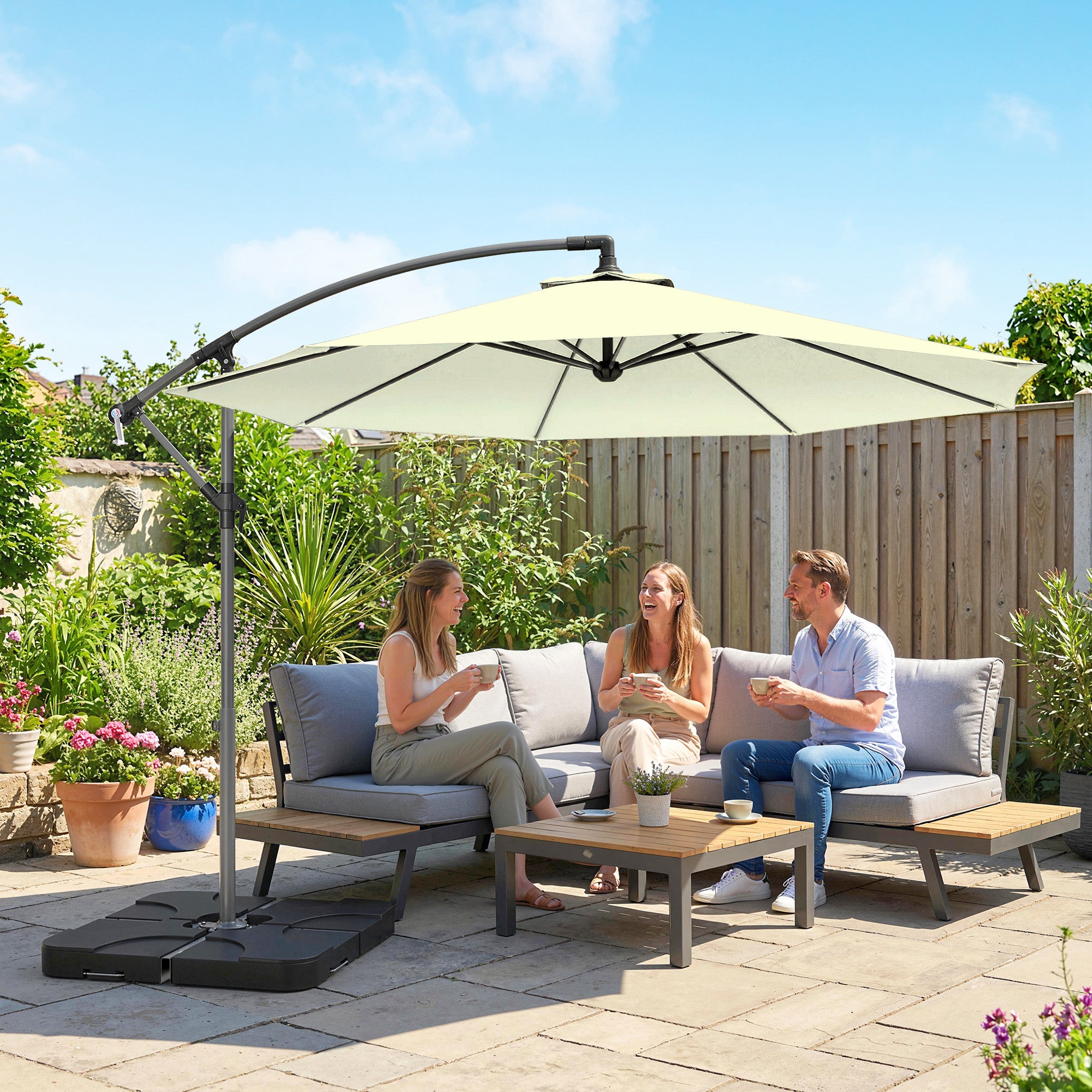 3m Overhanging Parasol, with Base, Weights and Cover - Beige