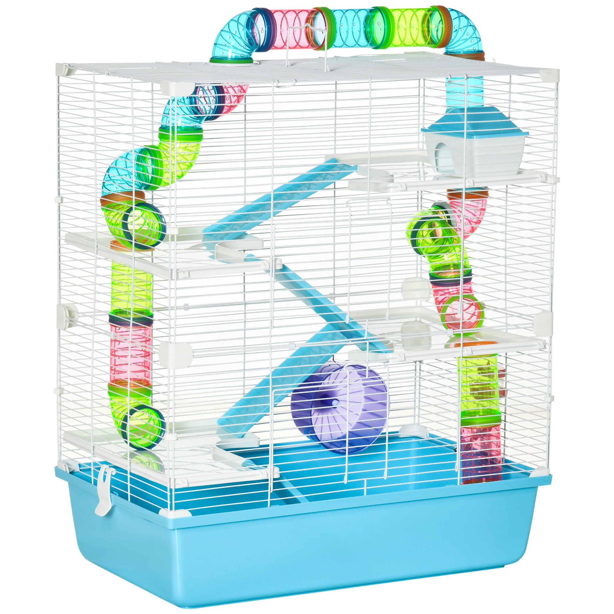 Hamster Cage w/ Water Bottle, Exercise Wheel, Tubes, Ramps - Light Blue