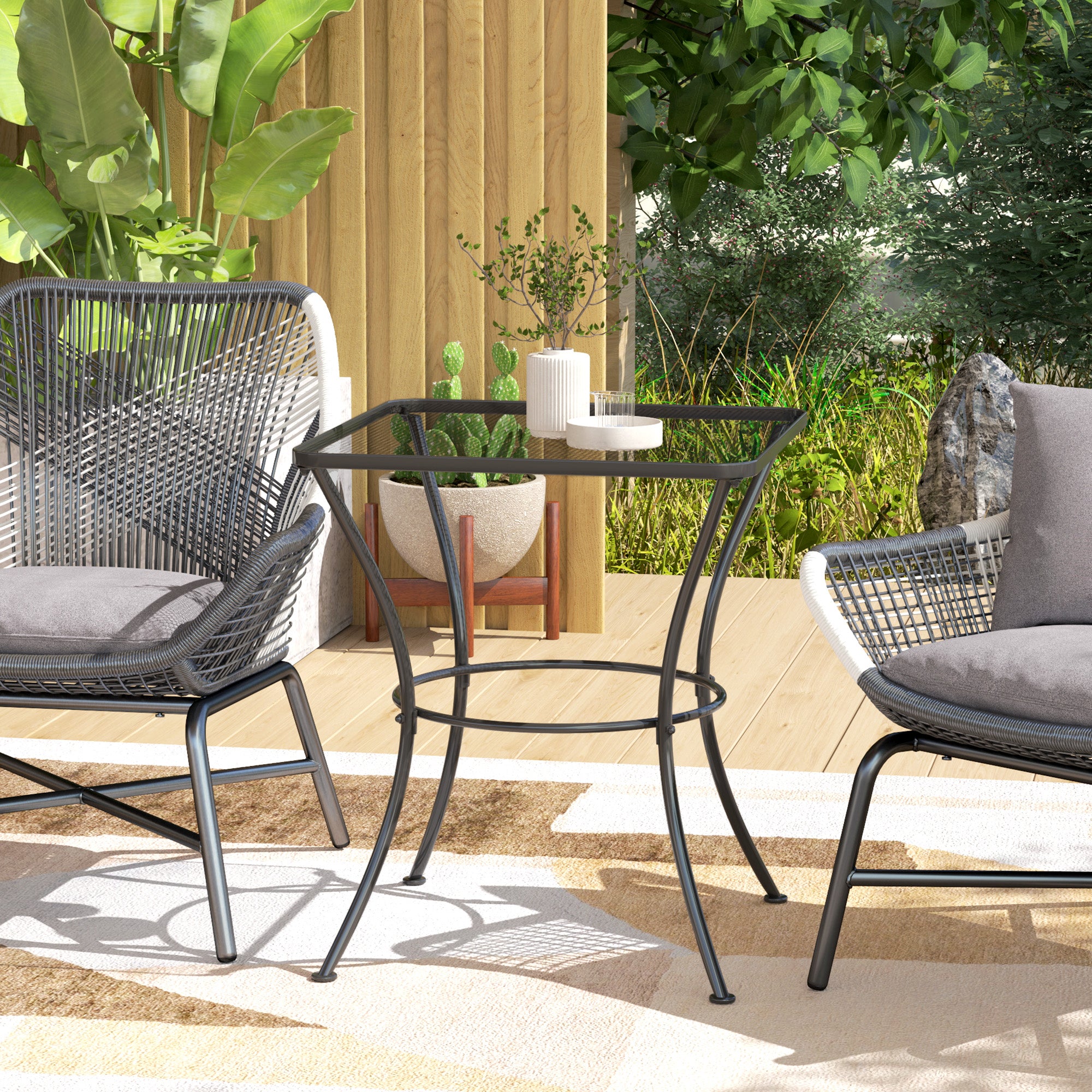 60cm Square Outdoor Metal Garden Table with Mesh Top - Black