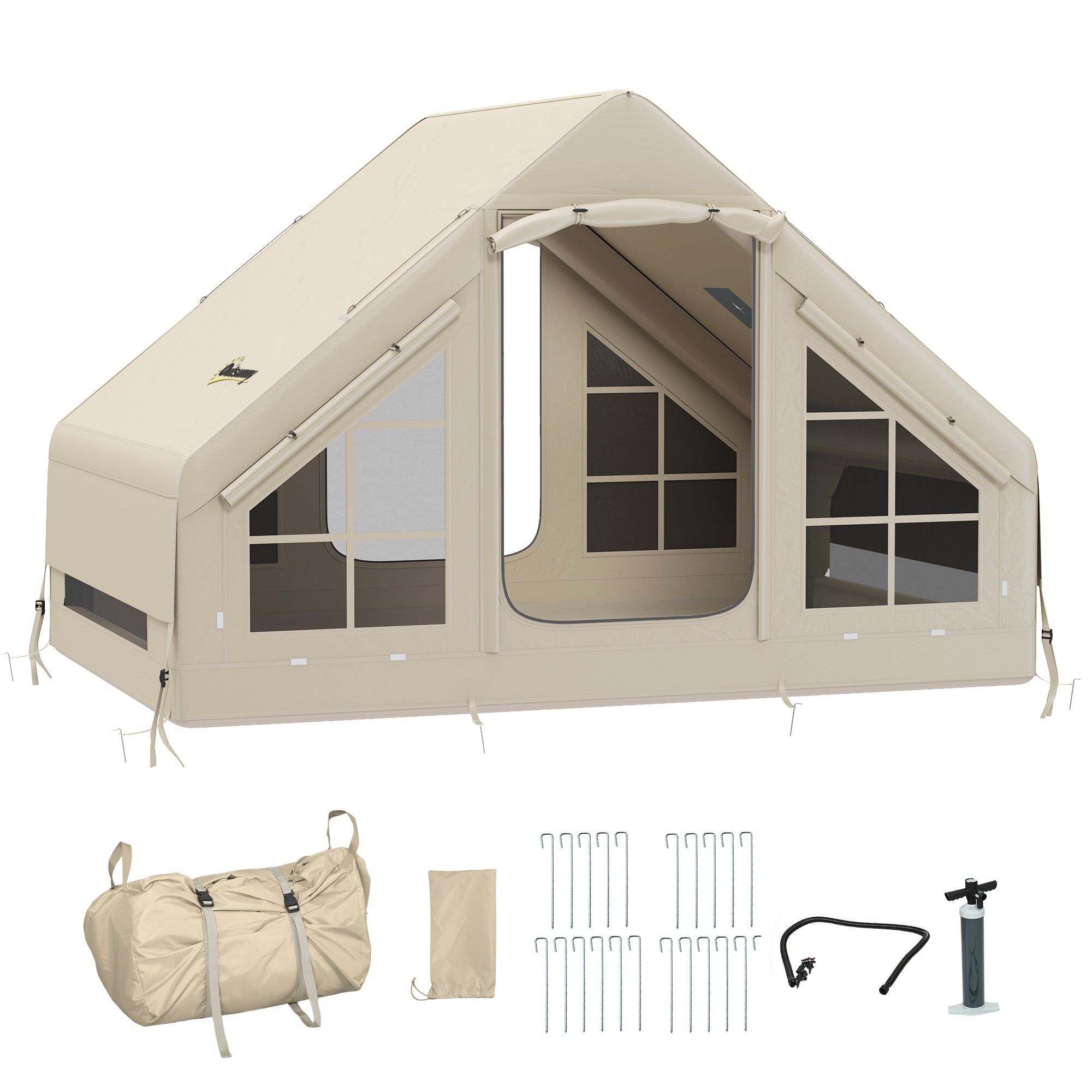 Inflatable 2-4 Person Camping Tent with Pump, Waterproof, Mesh Windows & Carry Bag - Beige
