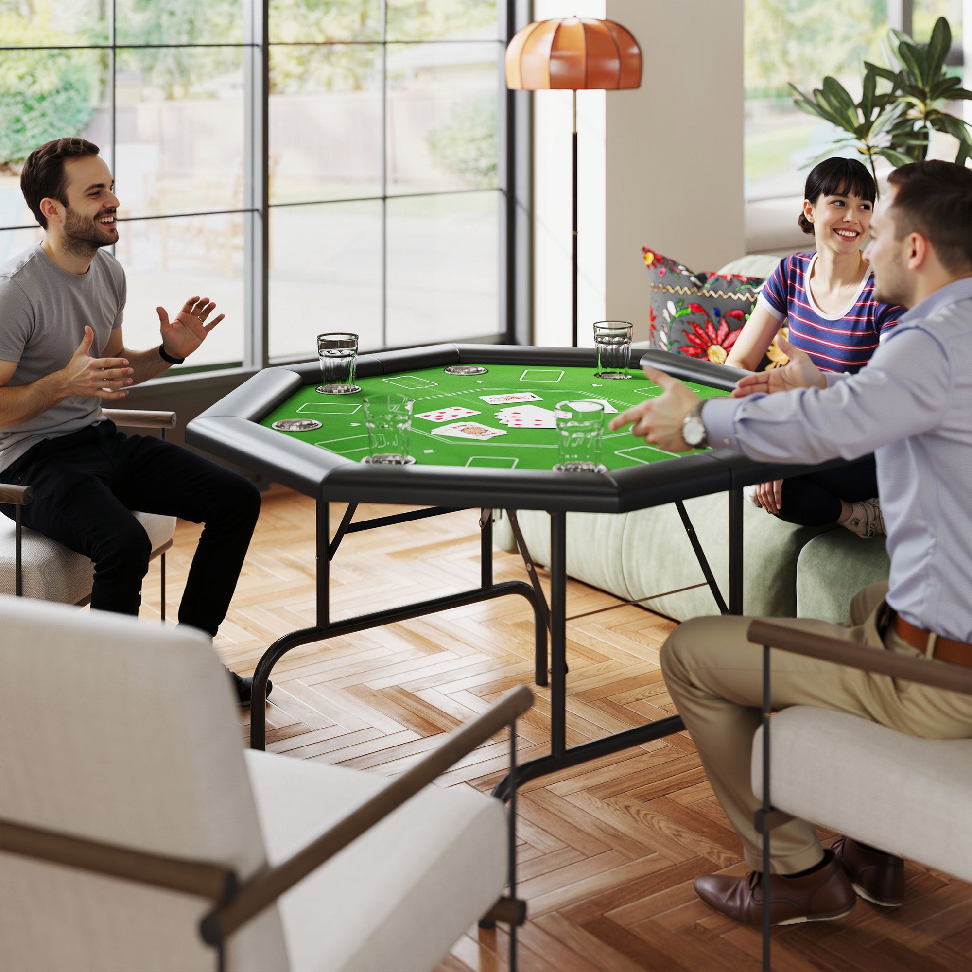 8 Player Folding Octagon Poker Table with Cup Holders and Padded Edge - Green