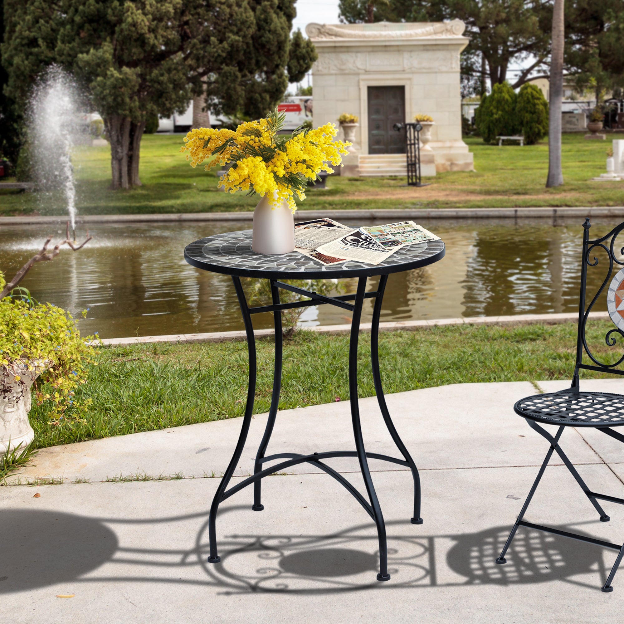 Round Mosaic Garden Table with Metal Frame 60cm - Grey/Black