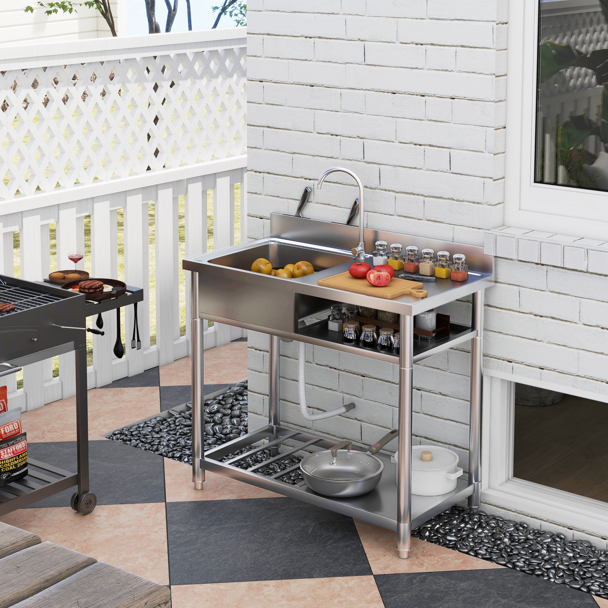 Freestanding Outdoor Stainless Steel Kitchen Sink with Single Bowl, Hot & Cold Water Pipes and Storage Shelves - Silver