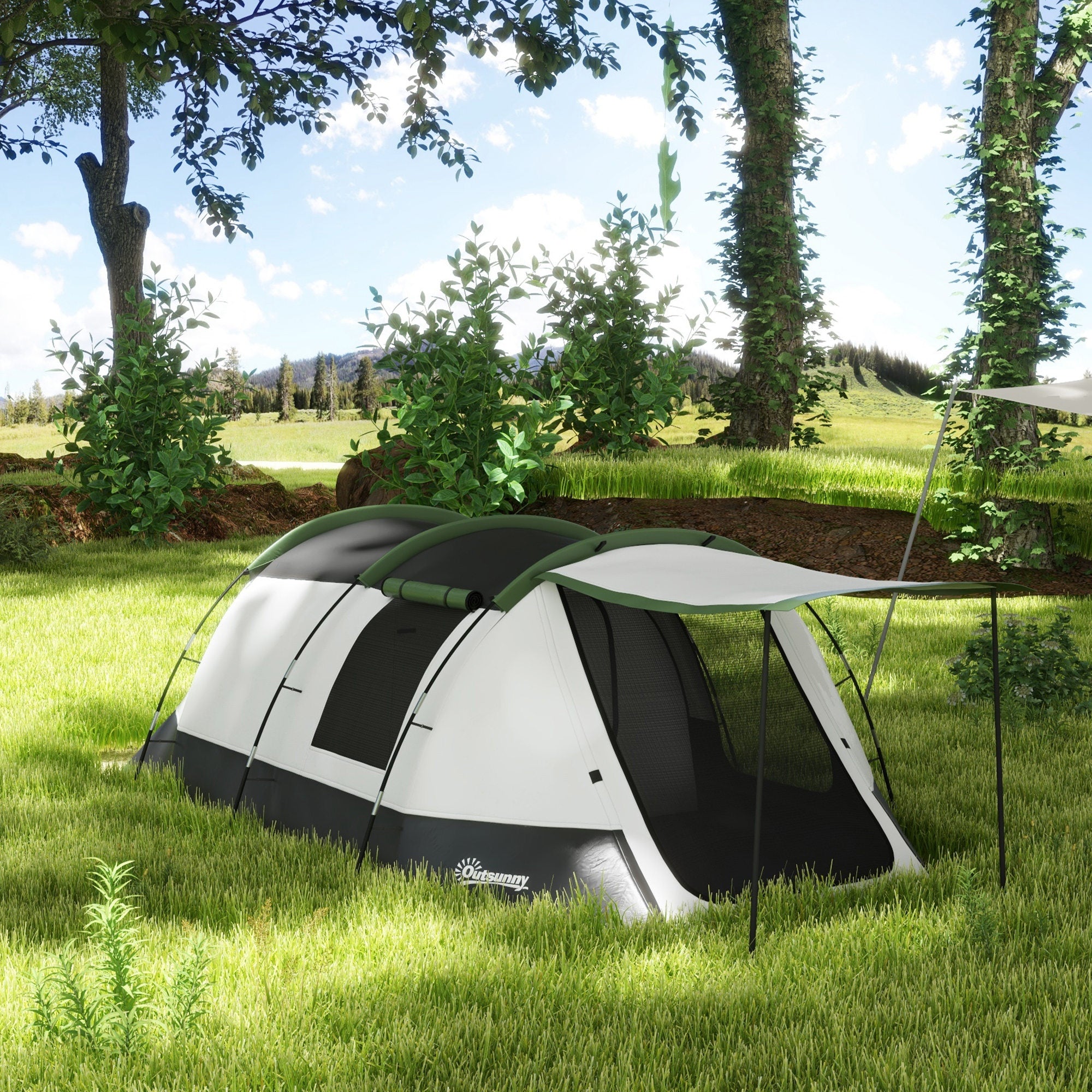 Spacious Three-Person Two-Room Camping Tent with Porch - Green
