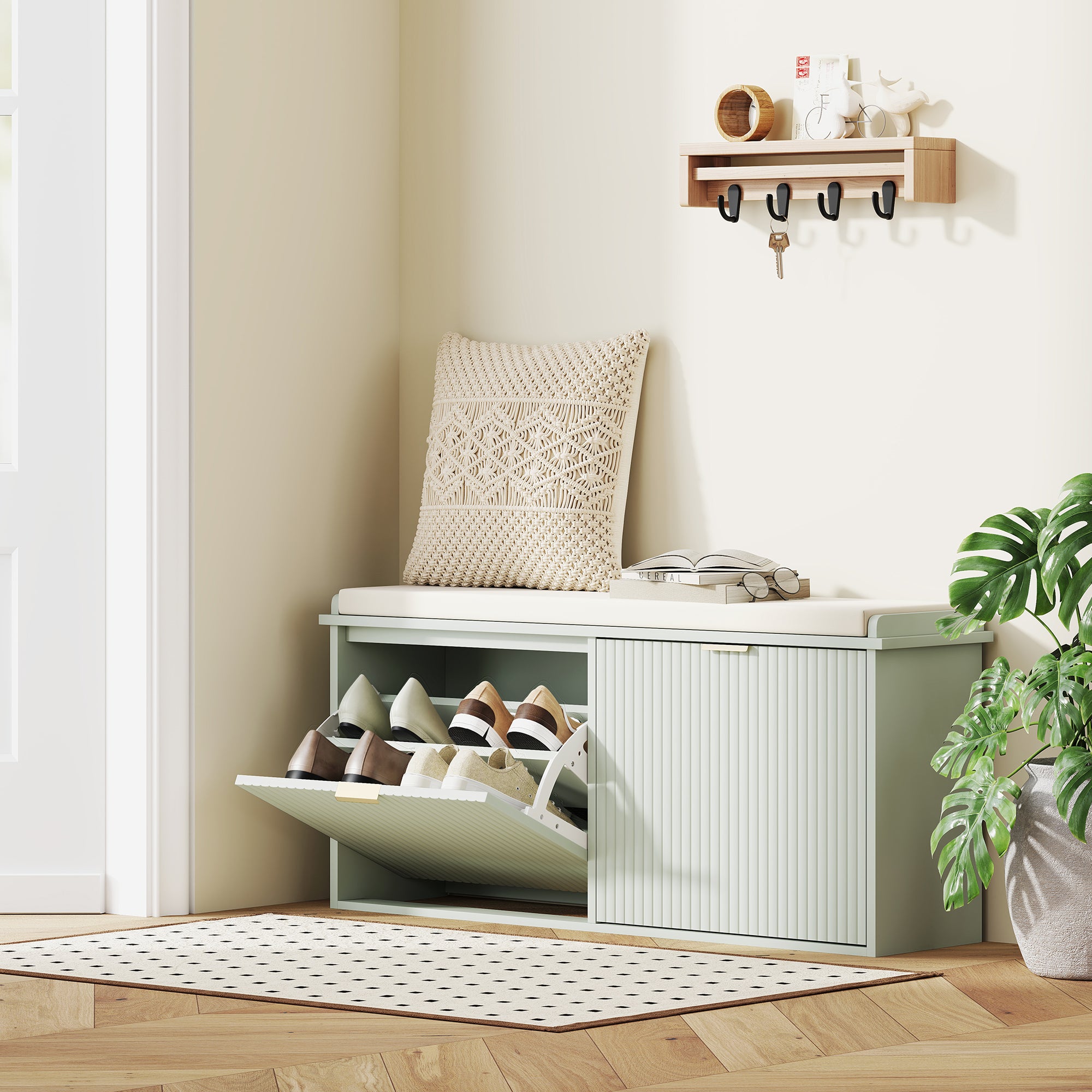 Elegant Ten Shoe Storage Bench with Padded Seat - Green