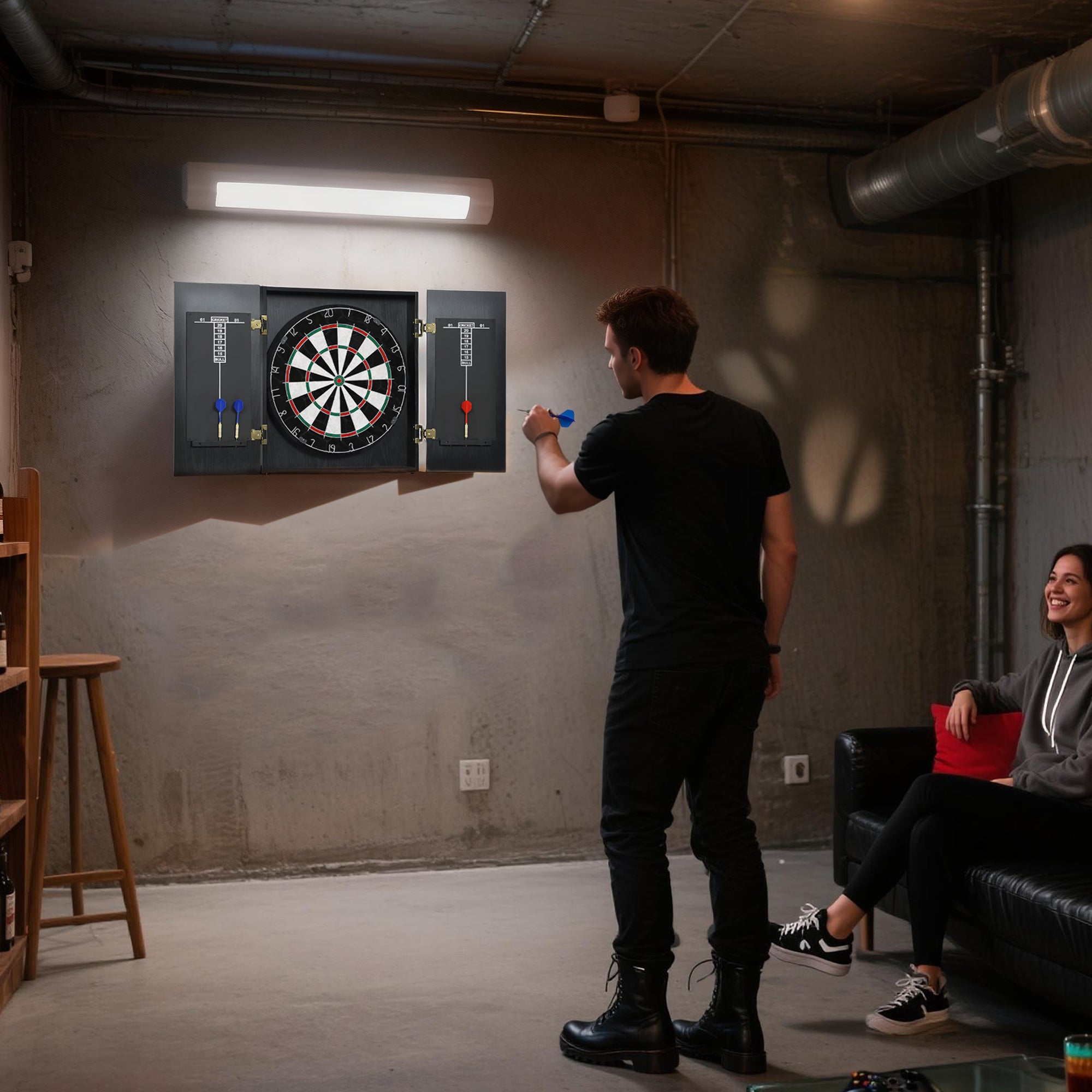 Bristle Dartboard with Cabinet, 6 Steel Tip Darts, Cabinet