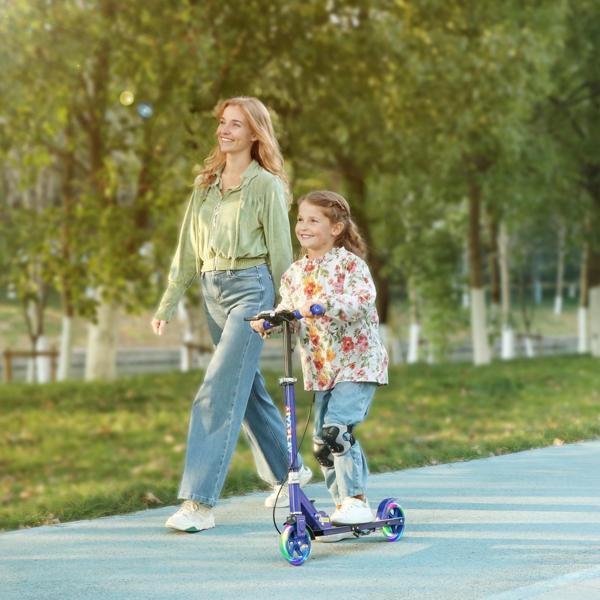 Adjustable Kids Scooter with Light-Up Wheels, Handbrake & Rear Brake for Ages 3-8 - Blue
