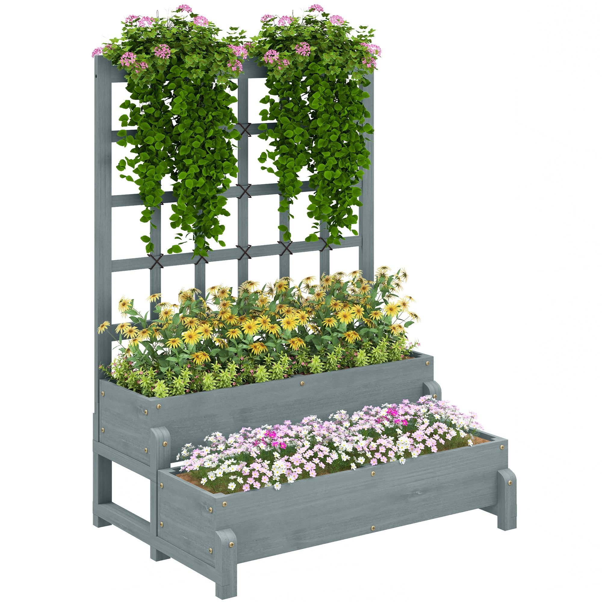 2 Tier Raised Garden Bed with Trellis Grey Wooden Elevated Planter Box