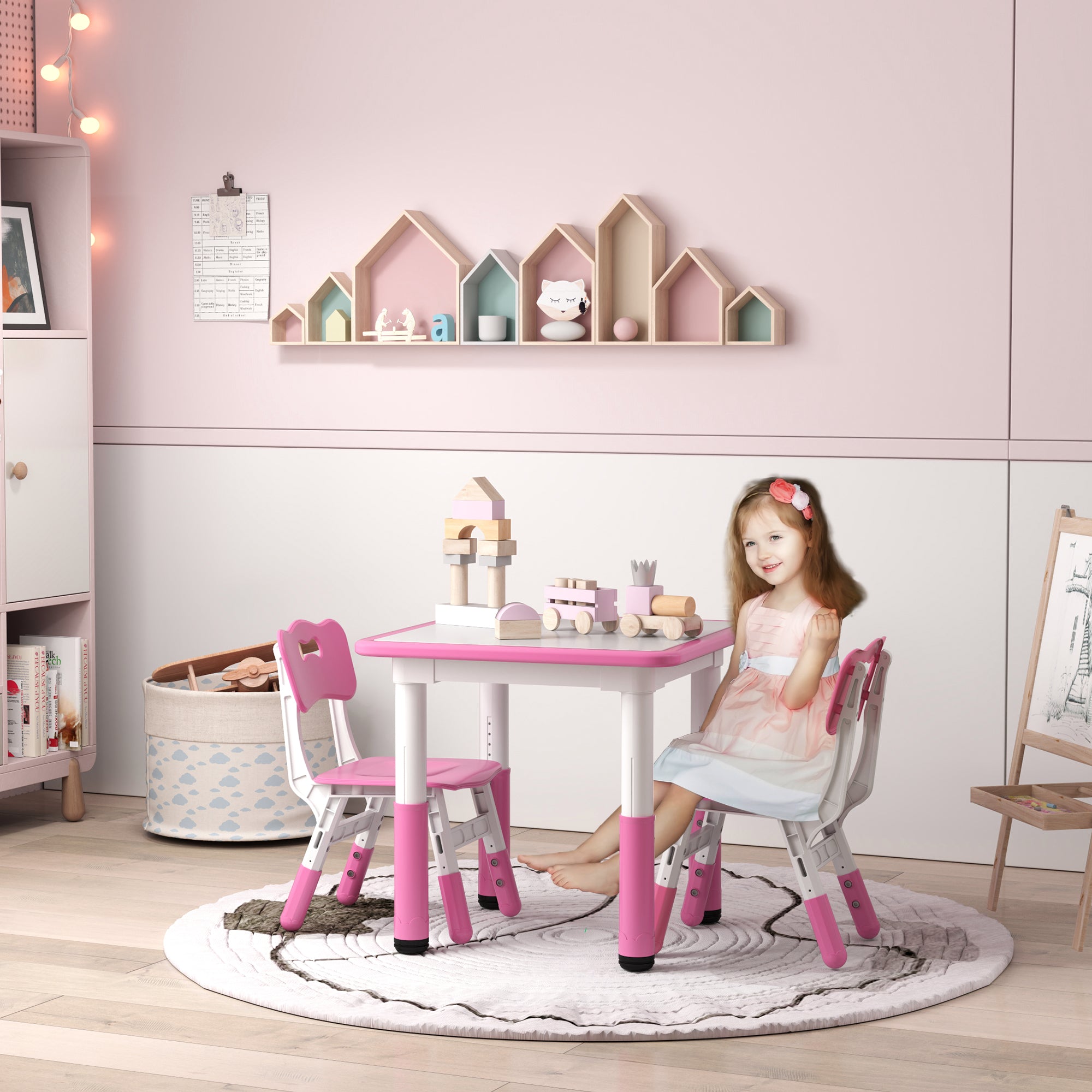 3 Piece Height Adjustable Toddler Table and Chair Set - Pink