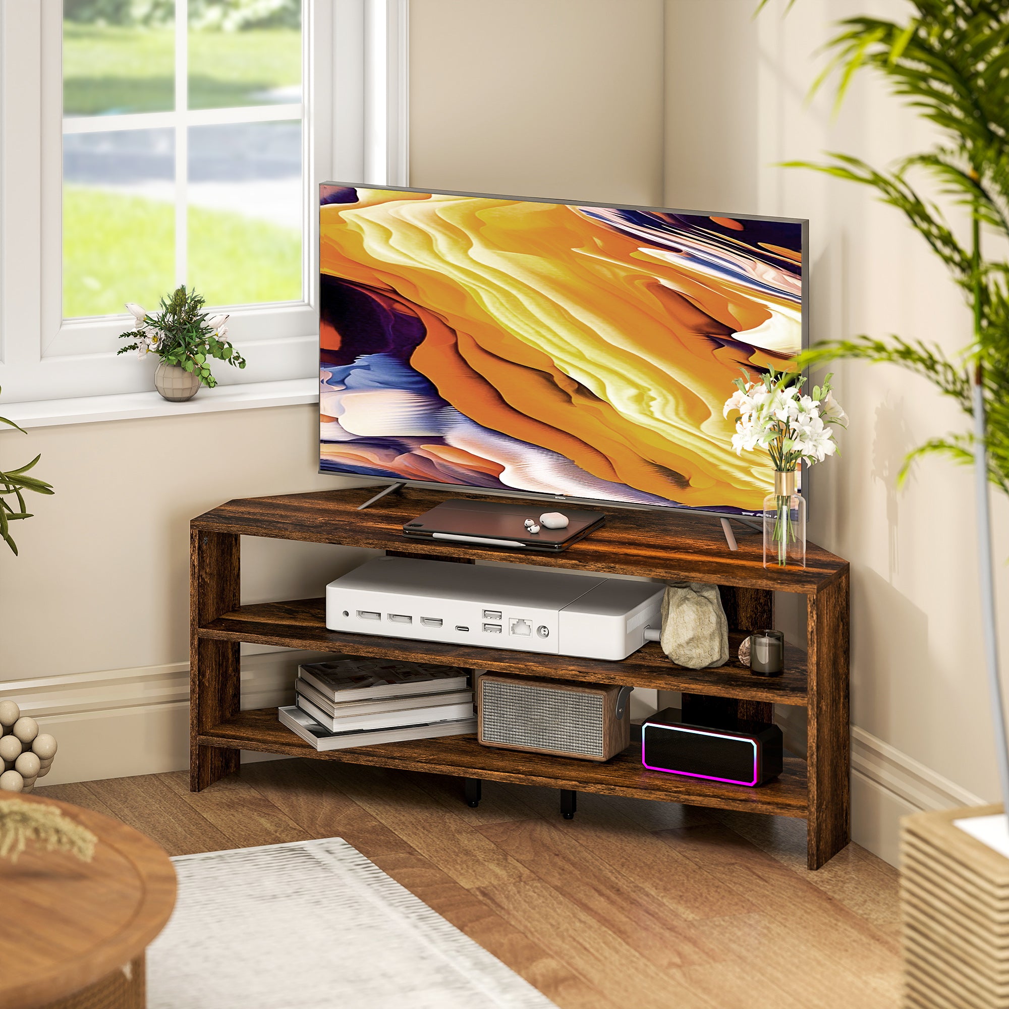 Corner TV Stand with 2 Open Shelves for 47 Inch TV - Rustic Brown