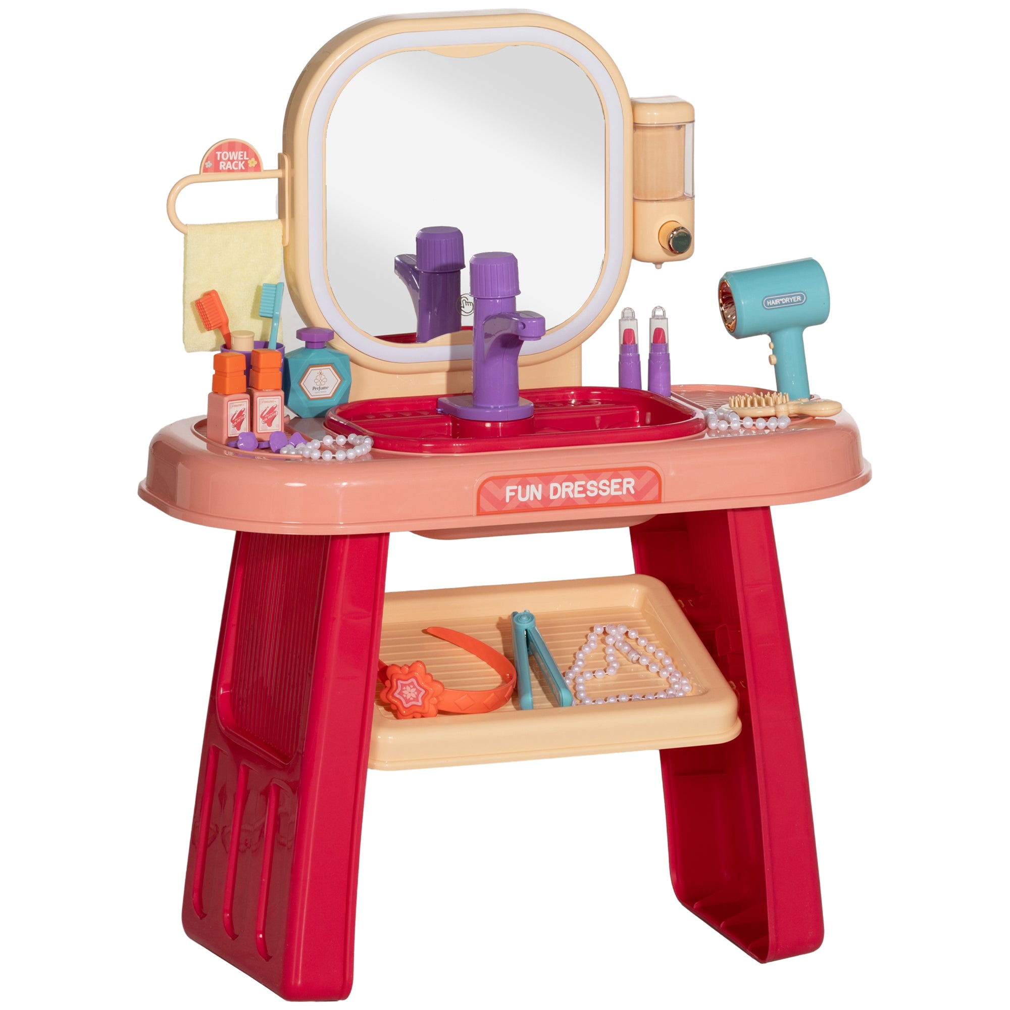 Kids Dressing Table with Mirror, LED Light, 23 Accessories, Pink