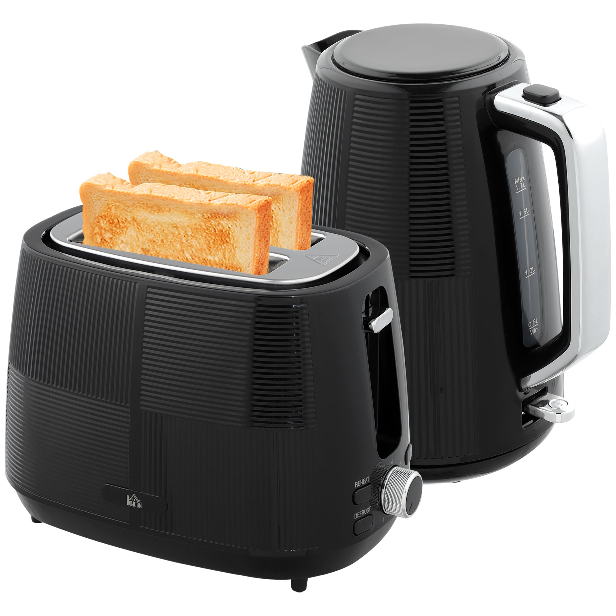 Kettle and Toaster Set, 1.7L 3000W Fast Boil Kettle & 2 Slice Toaster Kitchen Set with 7 Level Browning Controls, Defrost, Reheat, Boil-dry Protection, Black