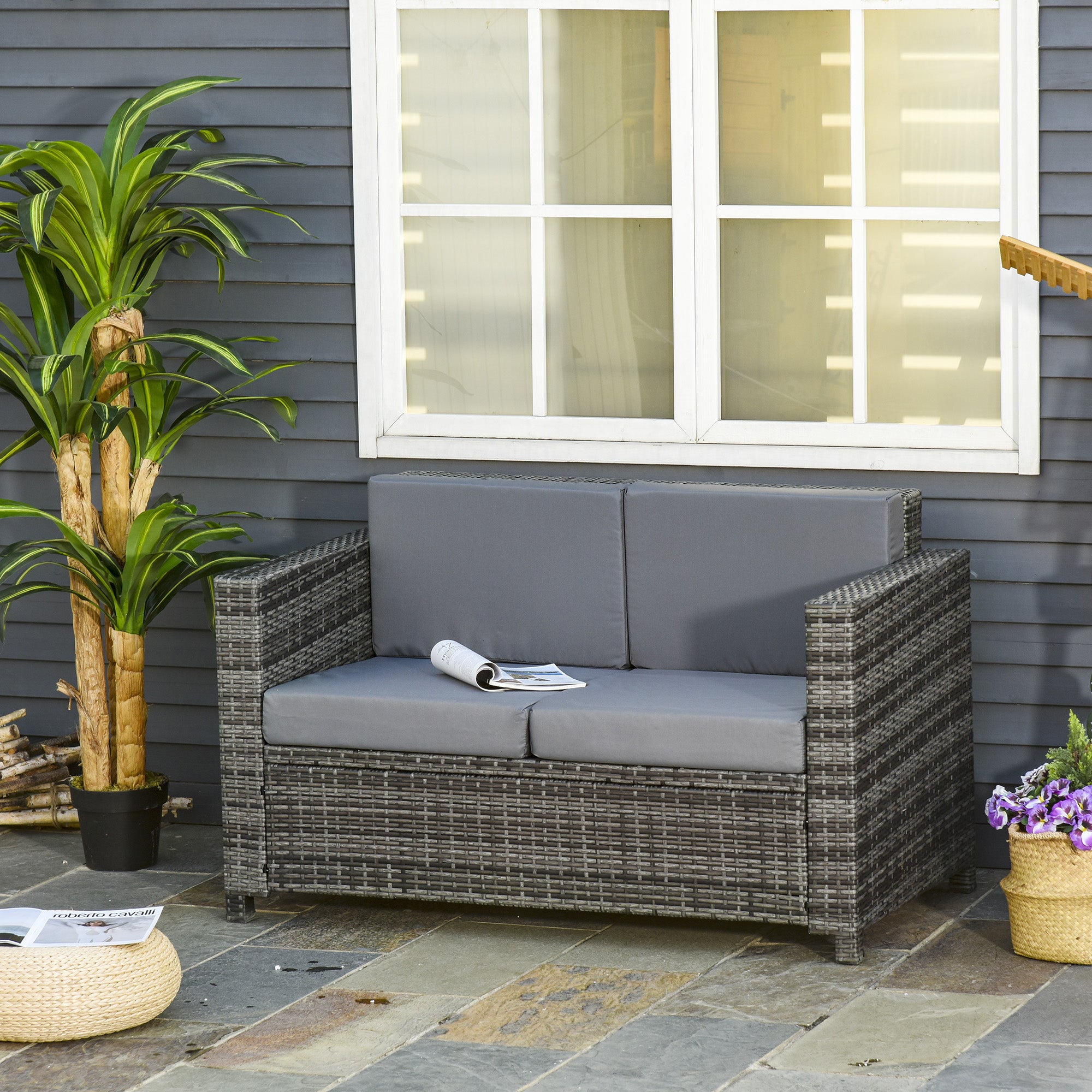 2 Seater Rattan Garden Sofa with Water-Resistant Cushions - Mixed Grey