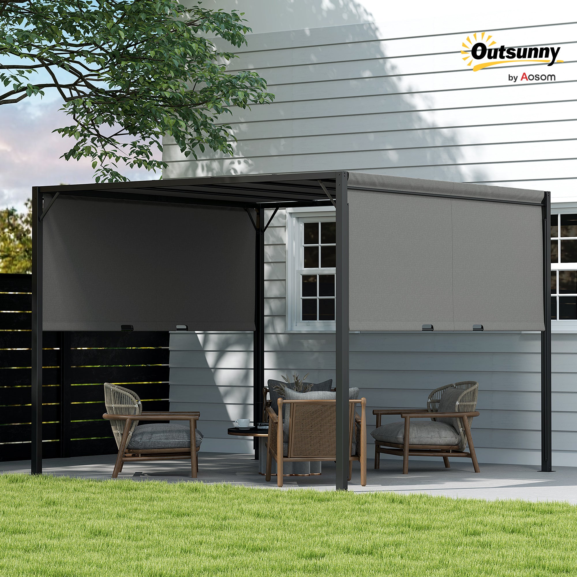 3 x 3 Meter Pergola Set with Retractable Roof Steel Frame - Charcoal Grey