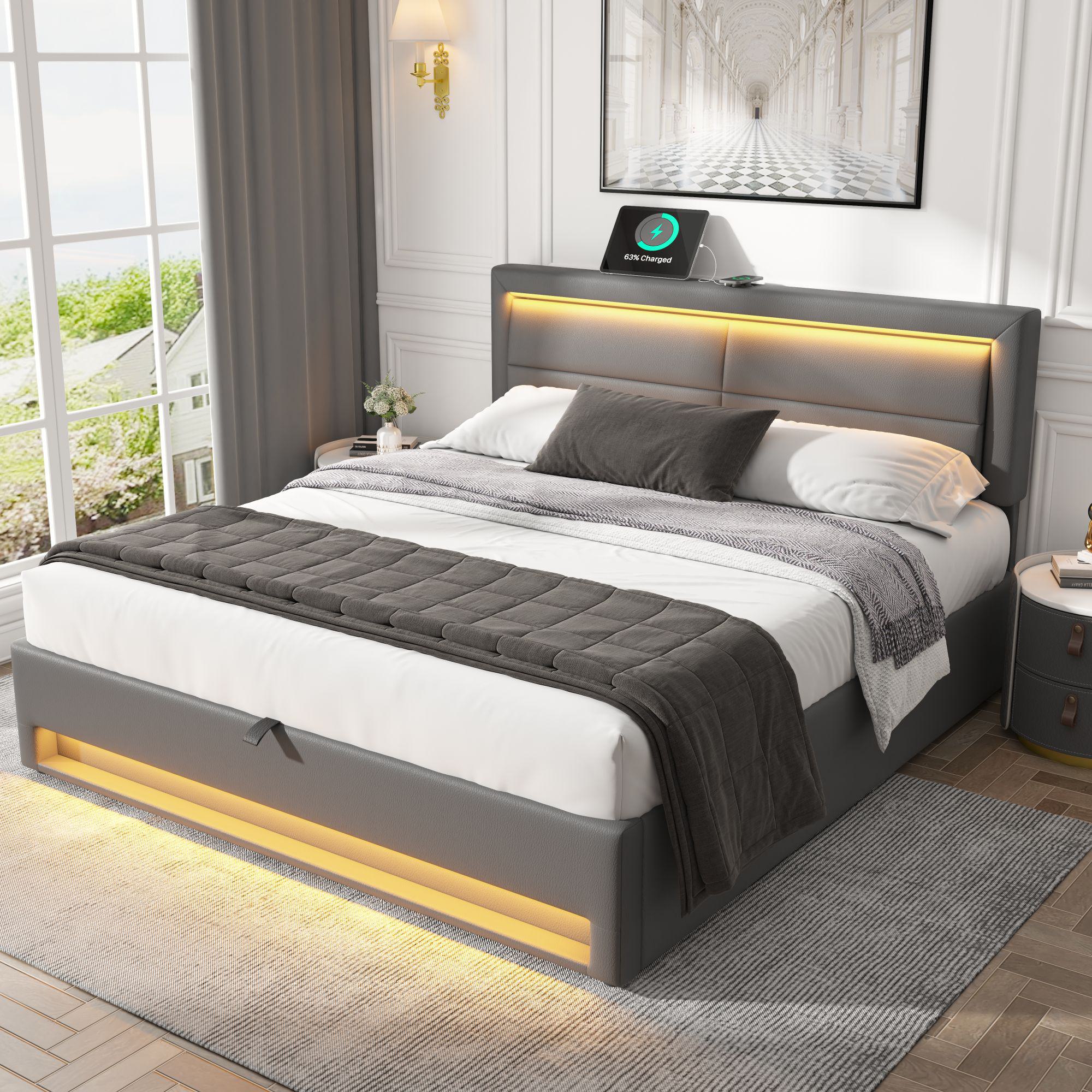 Upholstered Double Bed with USB Charging and LED Lighting - Gray