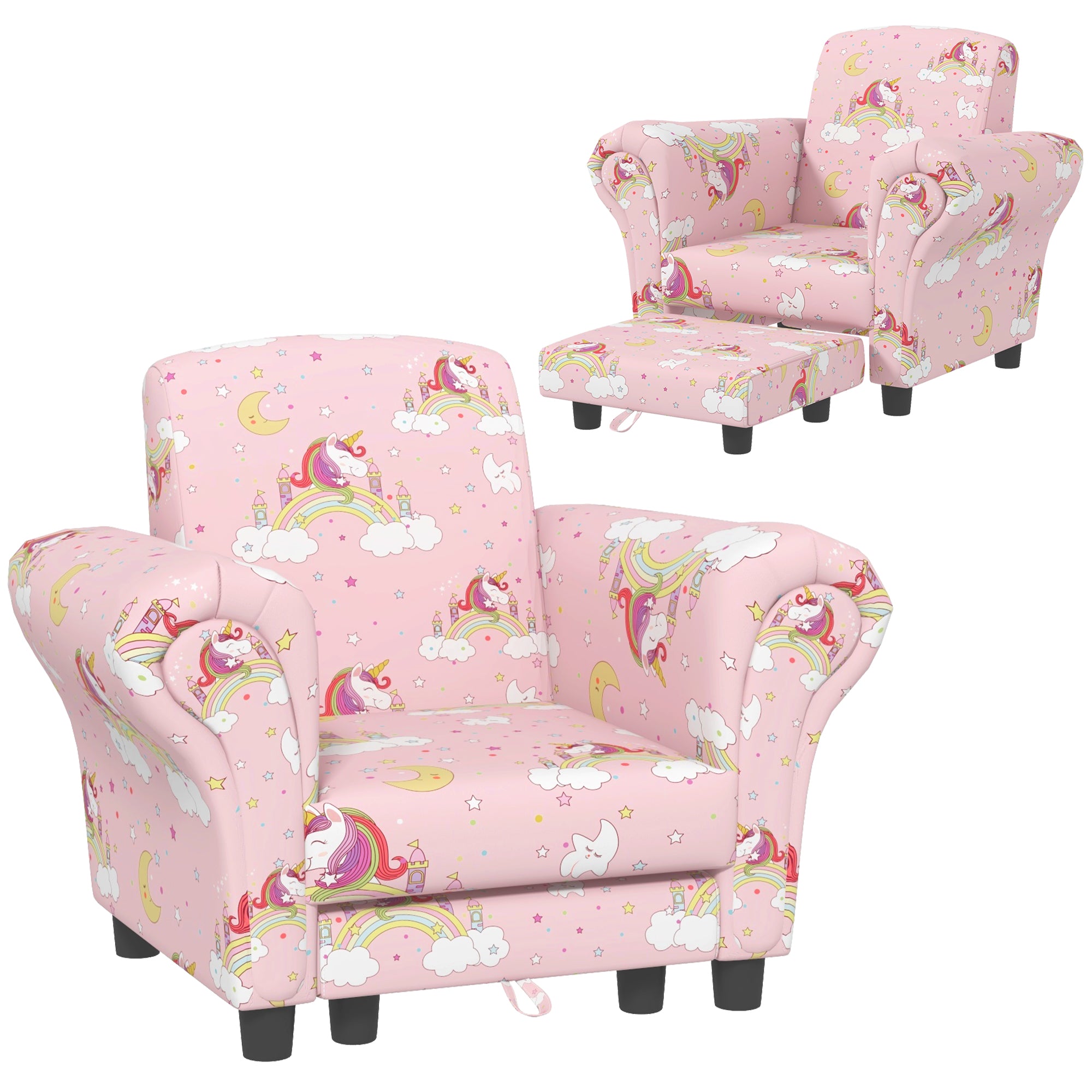 2 Piece Kids Sofa Set with Unicorn Design and Wooden Frame Pink