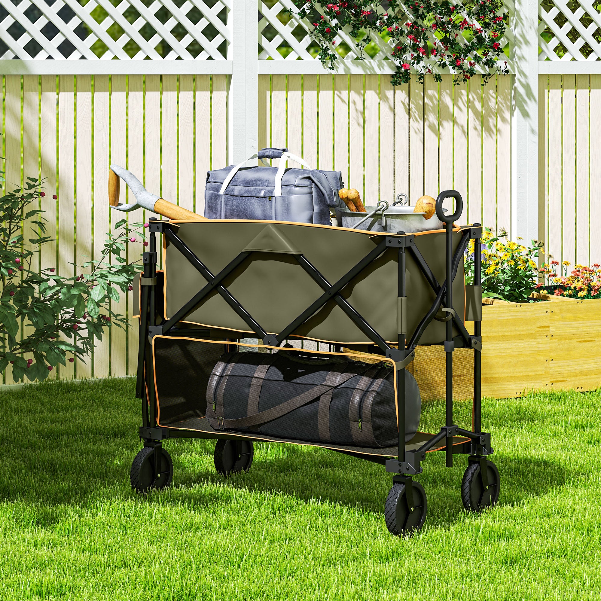 Double Decker Folding Festival Trolley on Wheels, 200KG & 350L Capacity Collapsible Wagon Festival Trolley Cart with 134cm Extended for Camping Sports Shopping Garden and Beach, Grey