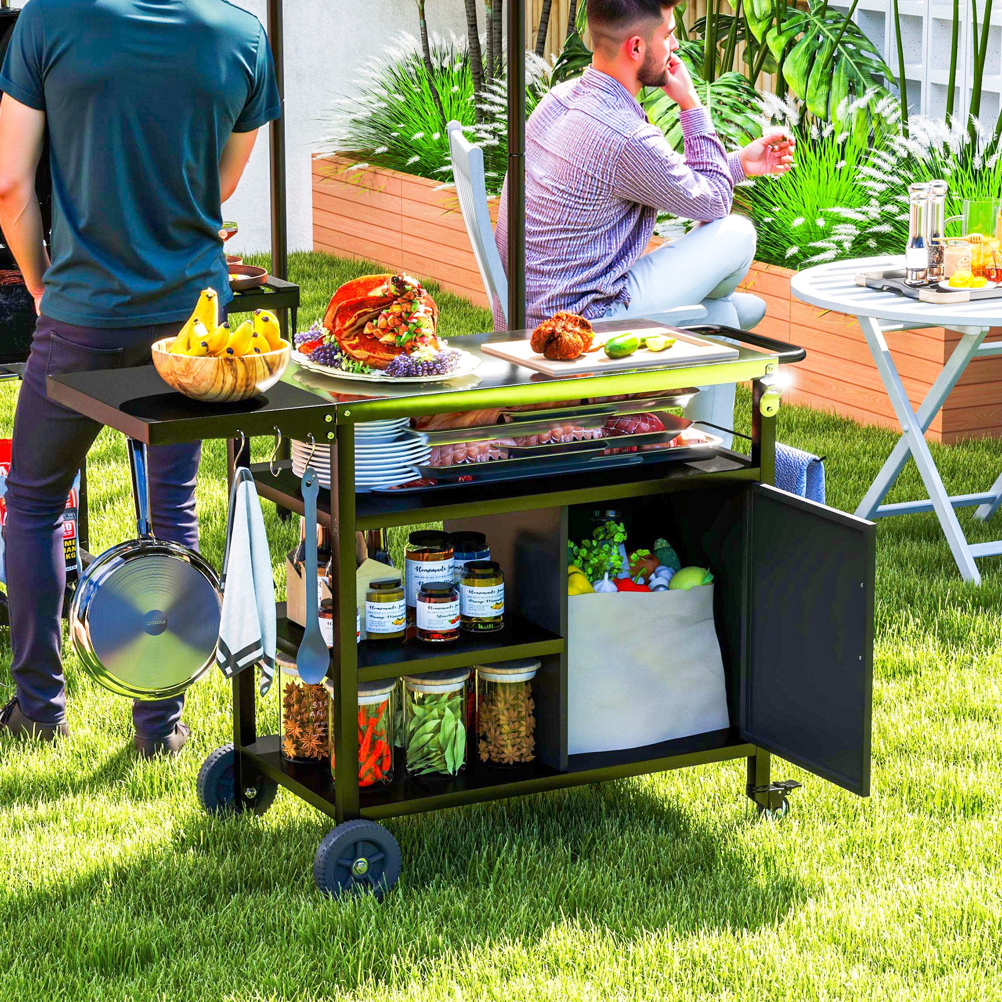 Outdoor BBQ Trolley with Foldable Side Table, Stainless Steel Top, Wheels, Hooks & Cabinet with Cover - Black