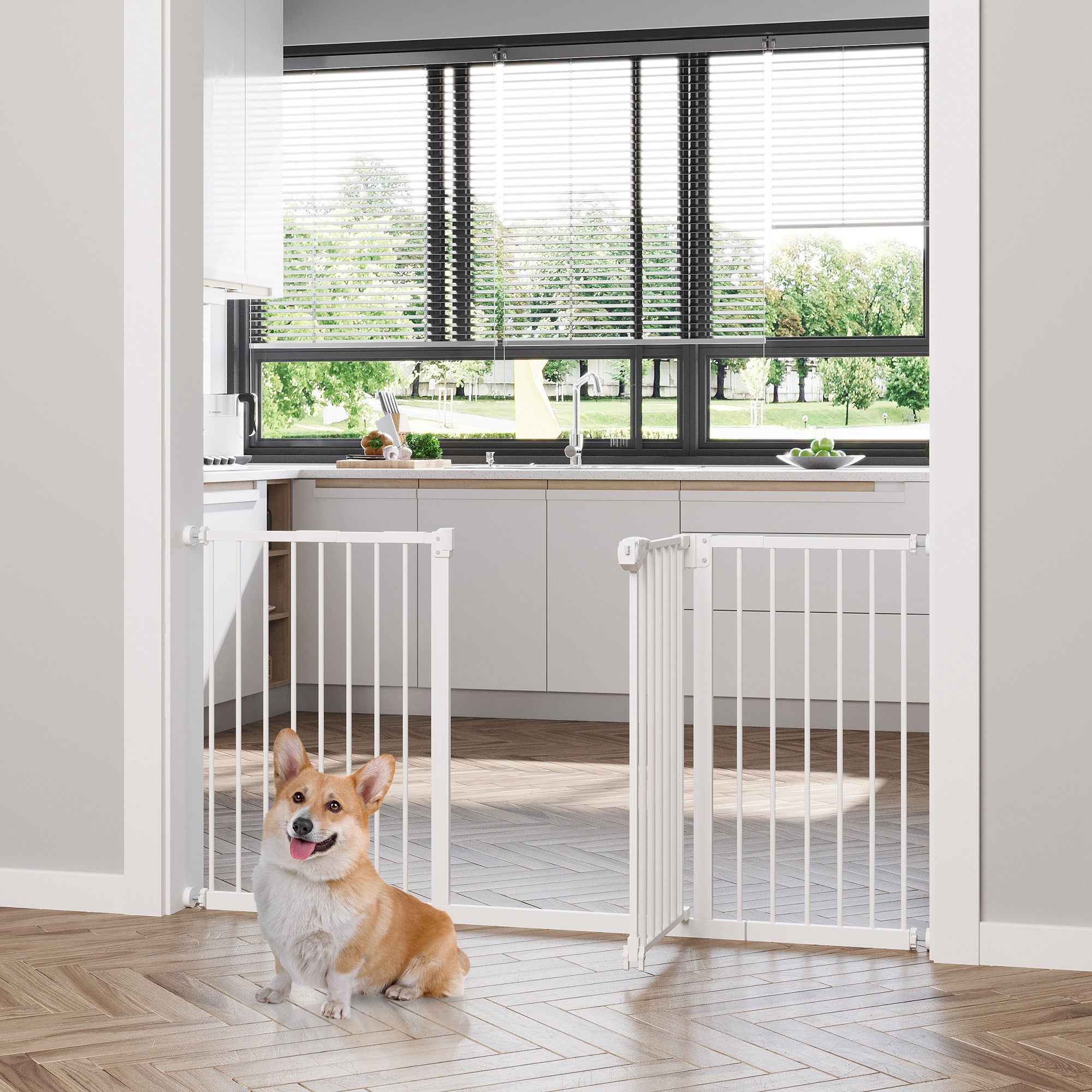 Dog Gate Stair Gate Pressure Fit Pets Barrier Auto Close for Doorway Hallway, 74-148cm Wide Adjustable, White
