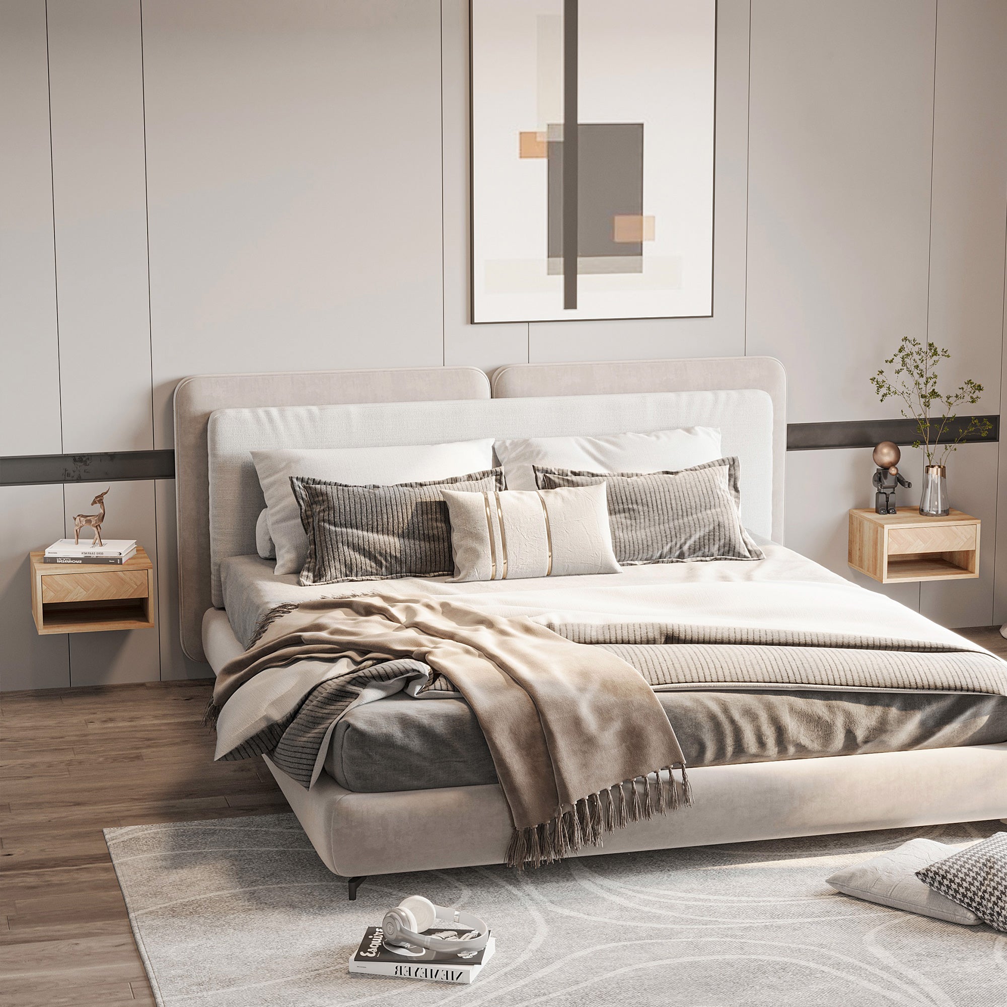 Set of 2 Floating Bedside Tables with Drawer and Shelf - Natural