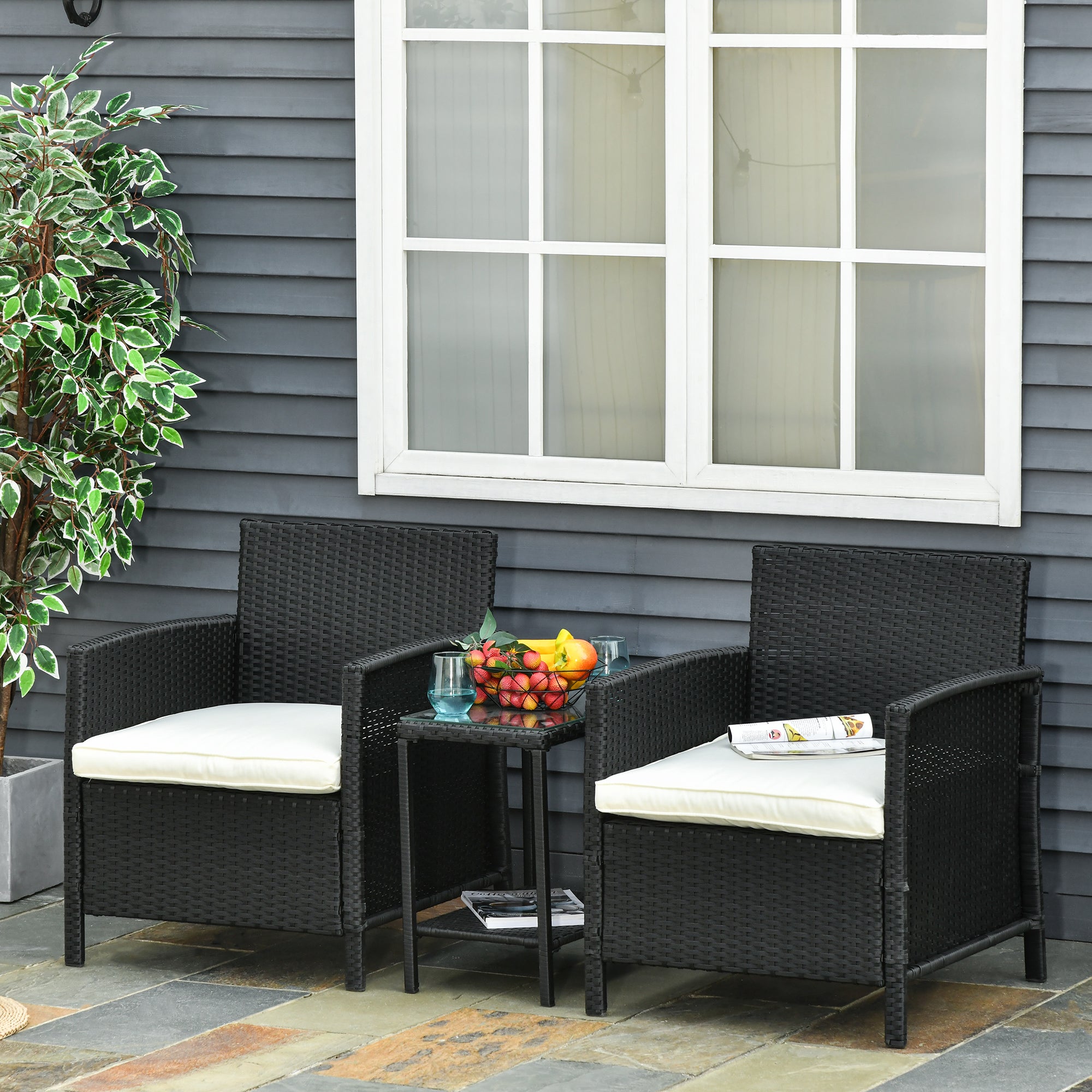 3 Piece Rattan Garden Bistro Set with Cushions - Black