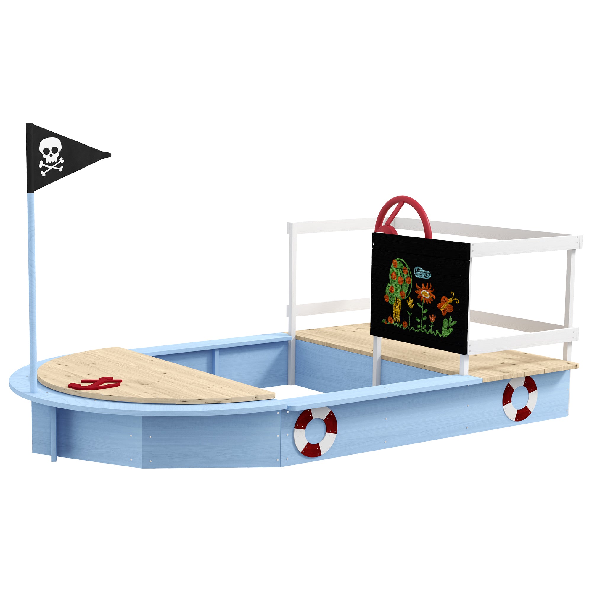 Wooden Kids Pirate Ship Sandbox with Seating and Storage - Blue