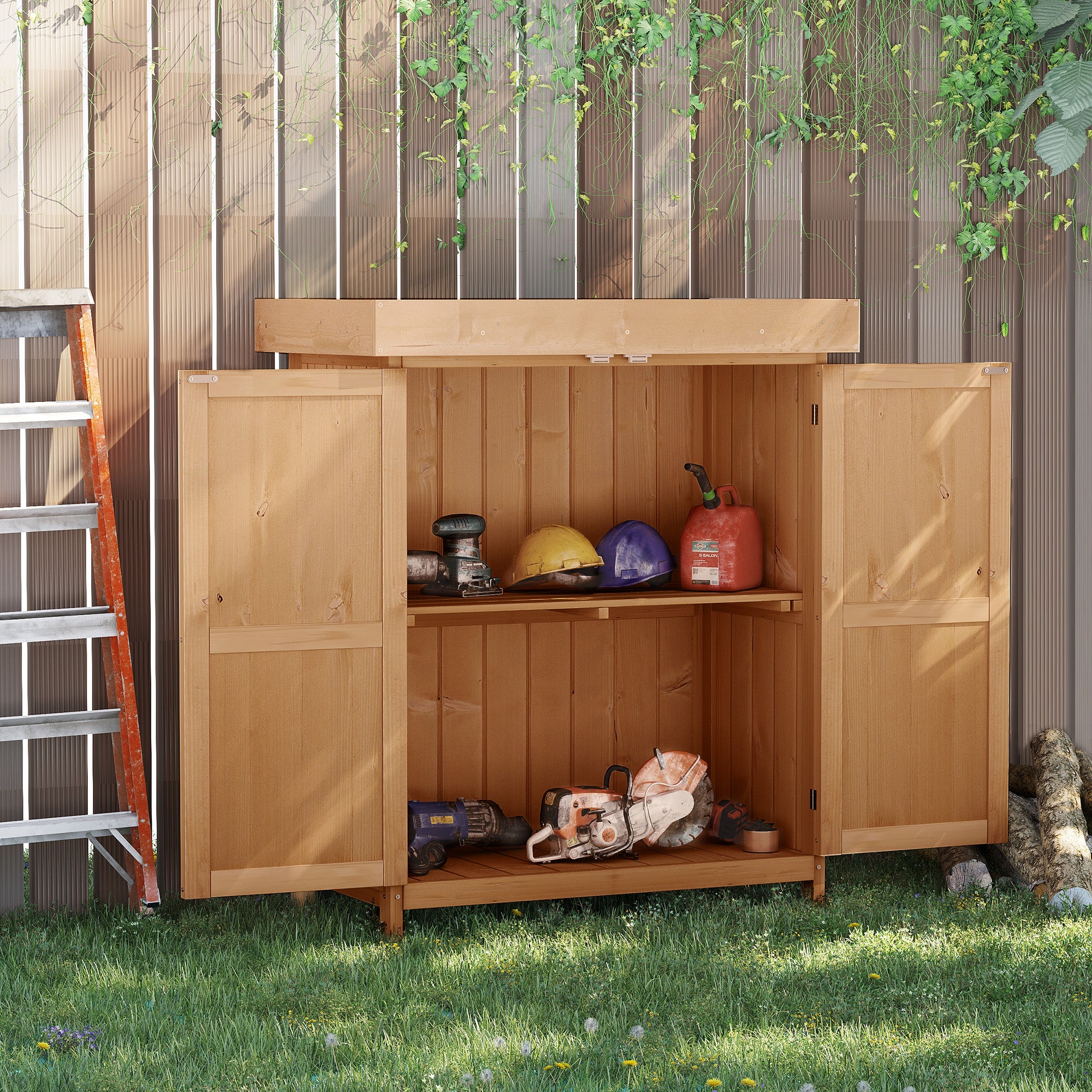 Outdoor Garden Storage Shed with Hinged Roof and Double Doors - Cedarwood Burlywood
