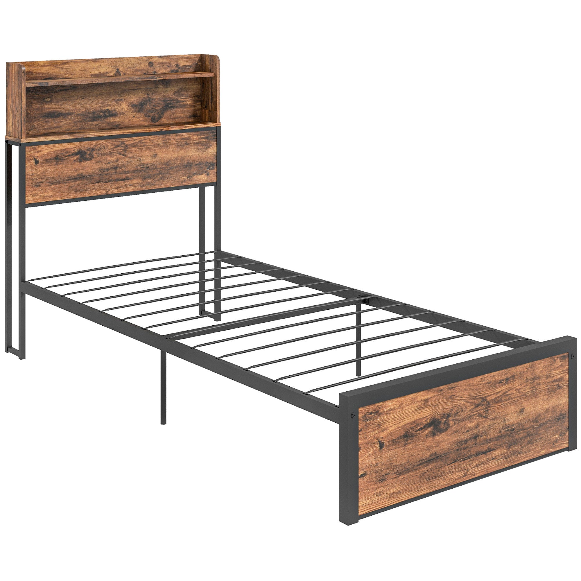 Industrial Single Bed Frame with Storage Headboard - Rustic Brown