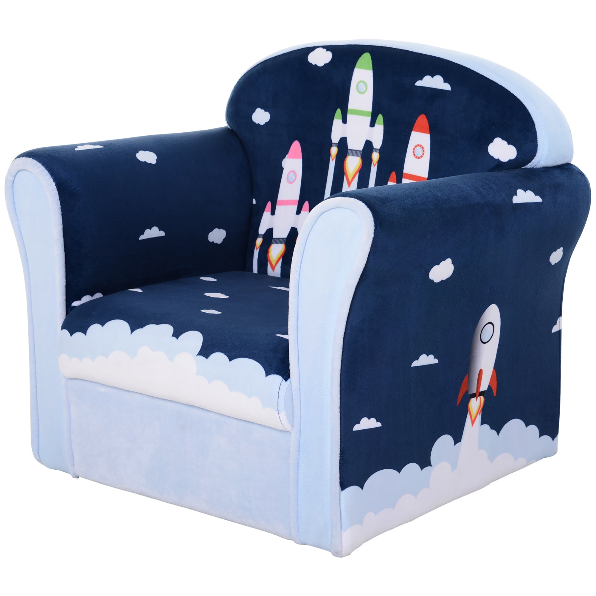 Children's Armchair with Rocket Design and Solid Wood Frame - Blue