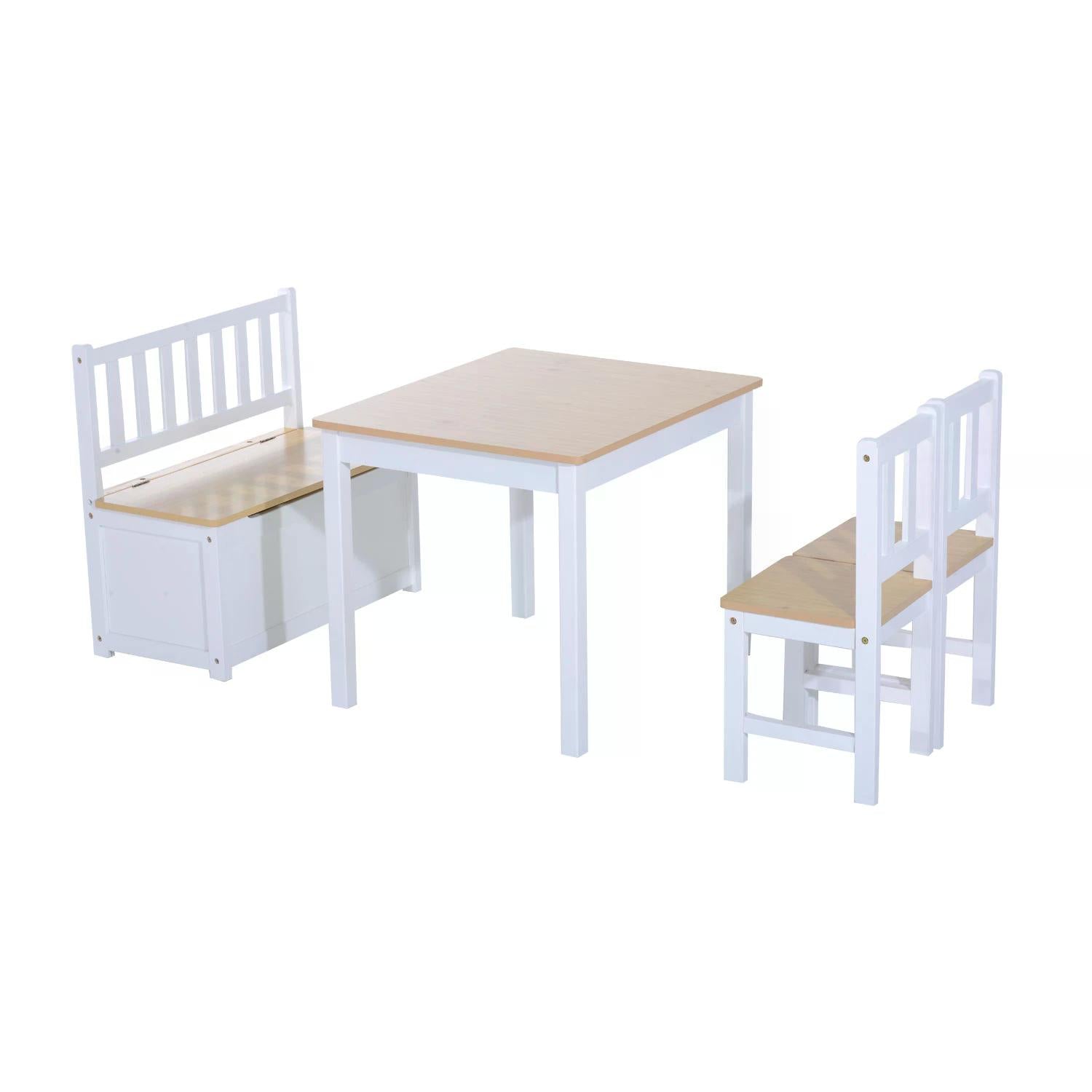 4 Piece Pine Wood Kids Furniture Set with Storage - Oak and White