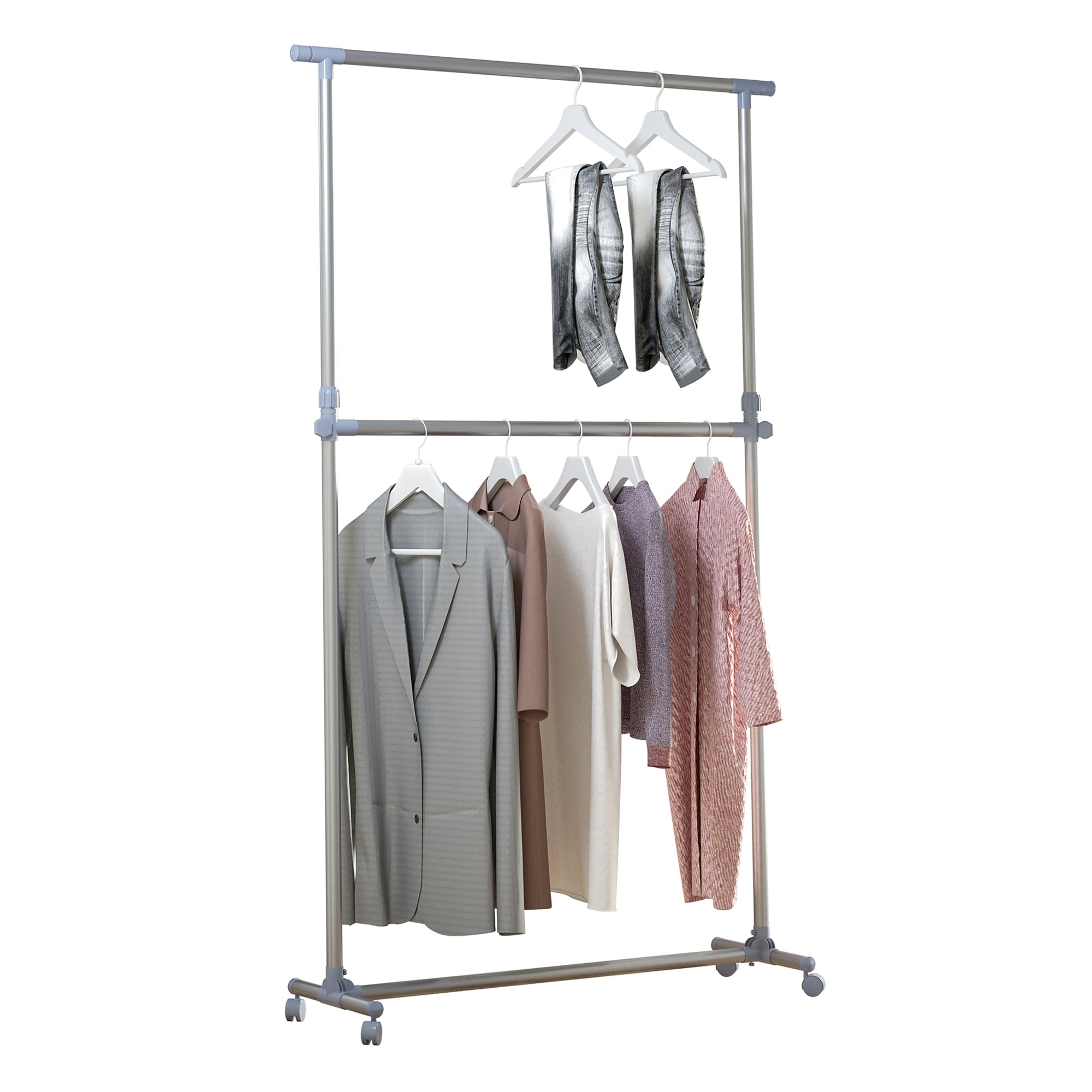 Adjustable Heavy Duty Clothes Hanger Garment Rail with Wheels - Silver & Grey
