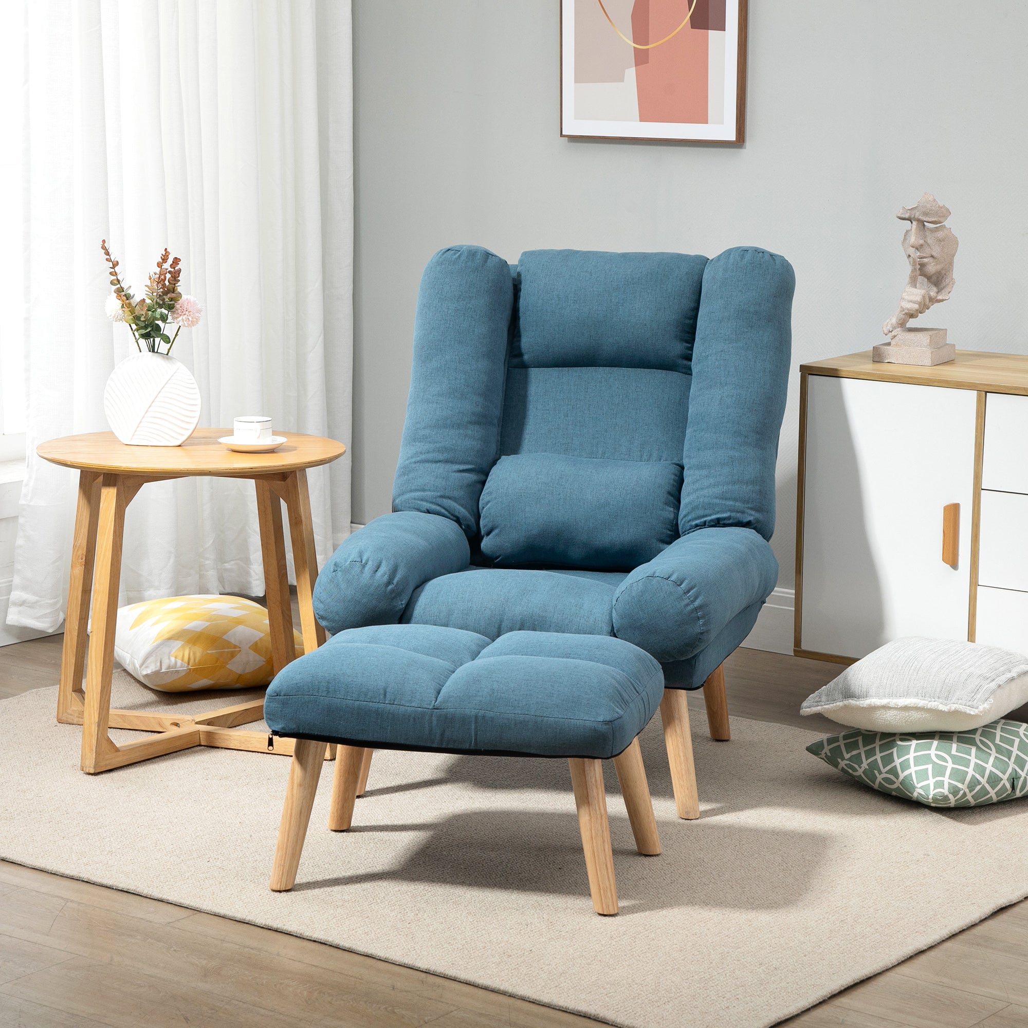 Occasional Recliner with Ottoman, 3-Position Adjustable Linen Fabric Reclining Lounger, Lazy Cushioned Sofa Chair with Footstool, Blue
