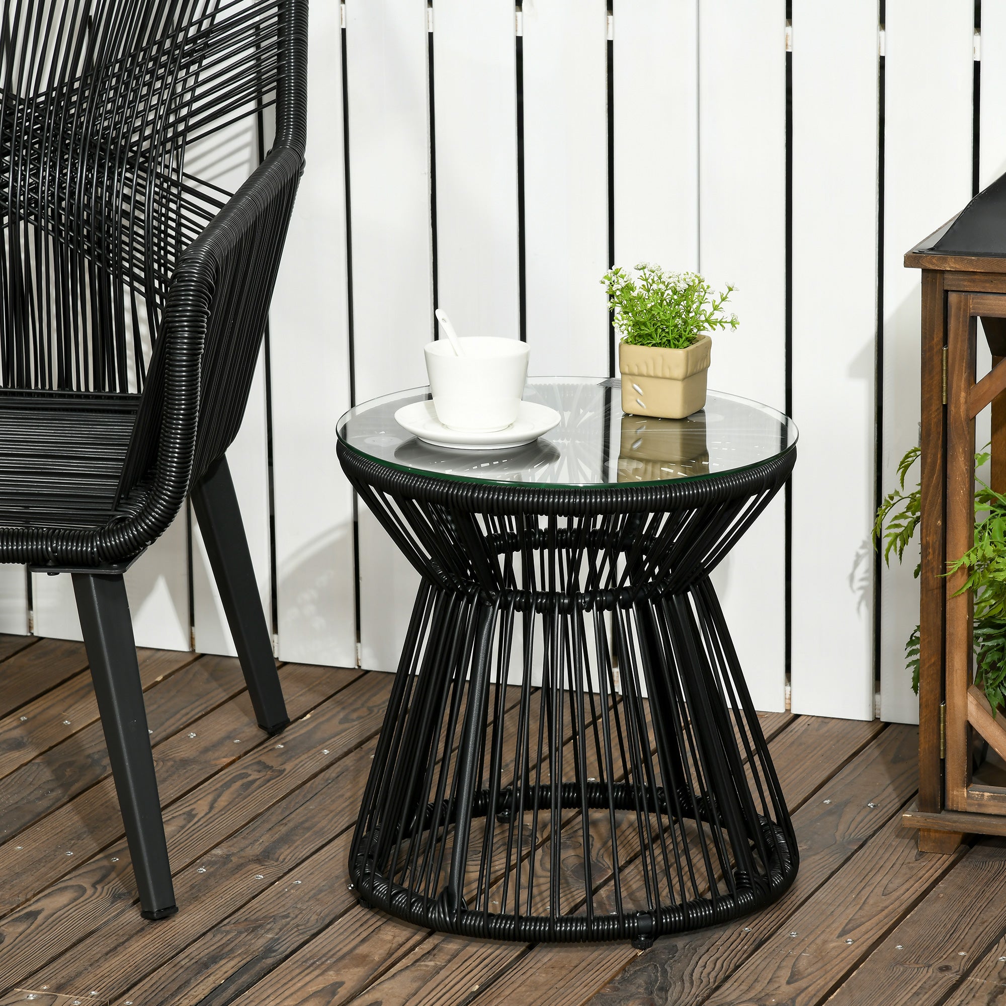 Round Rattan Hollow Drum Side Table with Glass Top for Patio Garden Balcony - Black
