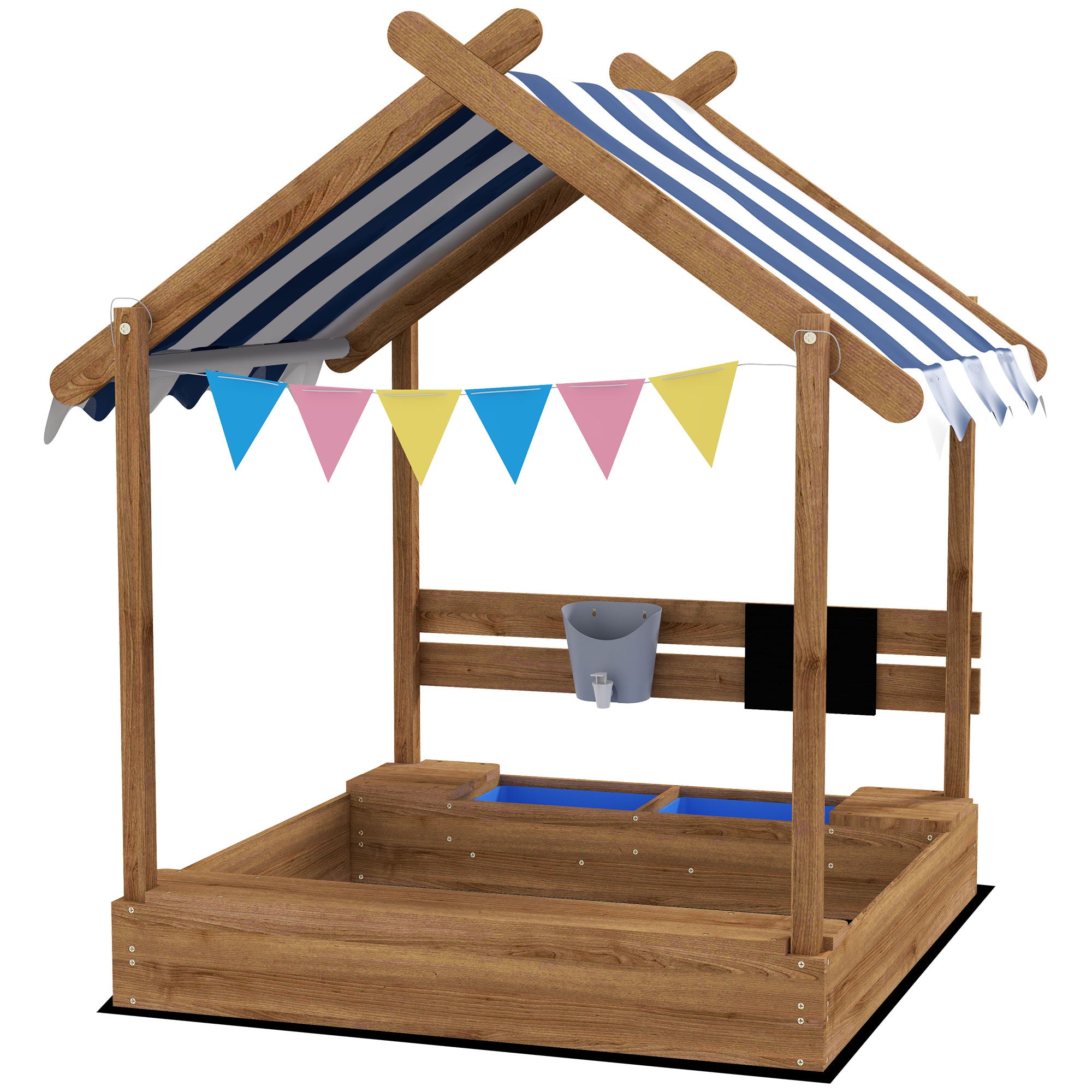 Wooden Sandbox with Weather-Resistant Canopy and Accessories - Brown