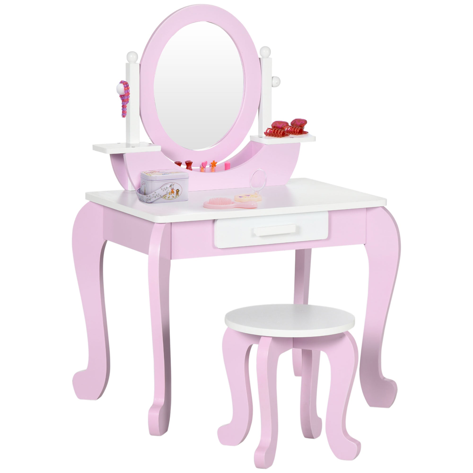 Kids Dressing Table Set with Mirror and Drawer Stool - Pink