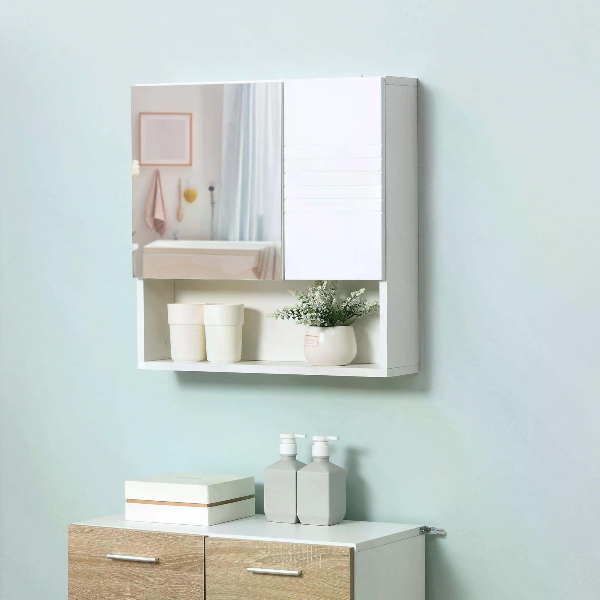 Wall Mounted Bathroom Mirror Cabinet with Adjustable Shelves - White