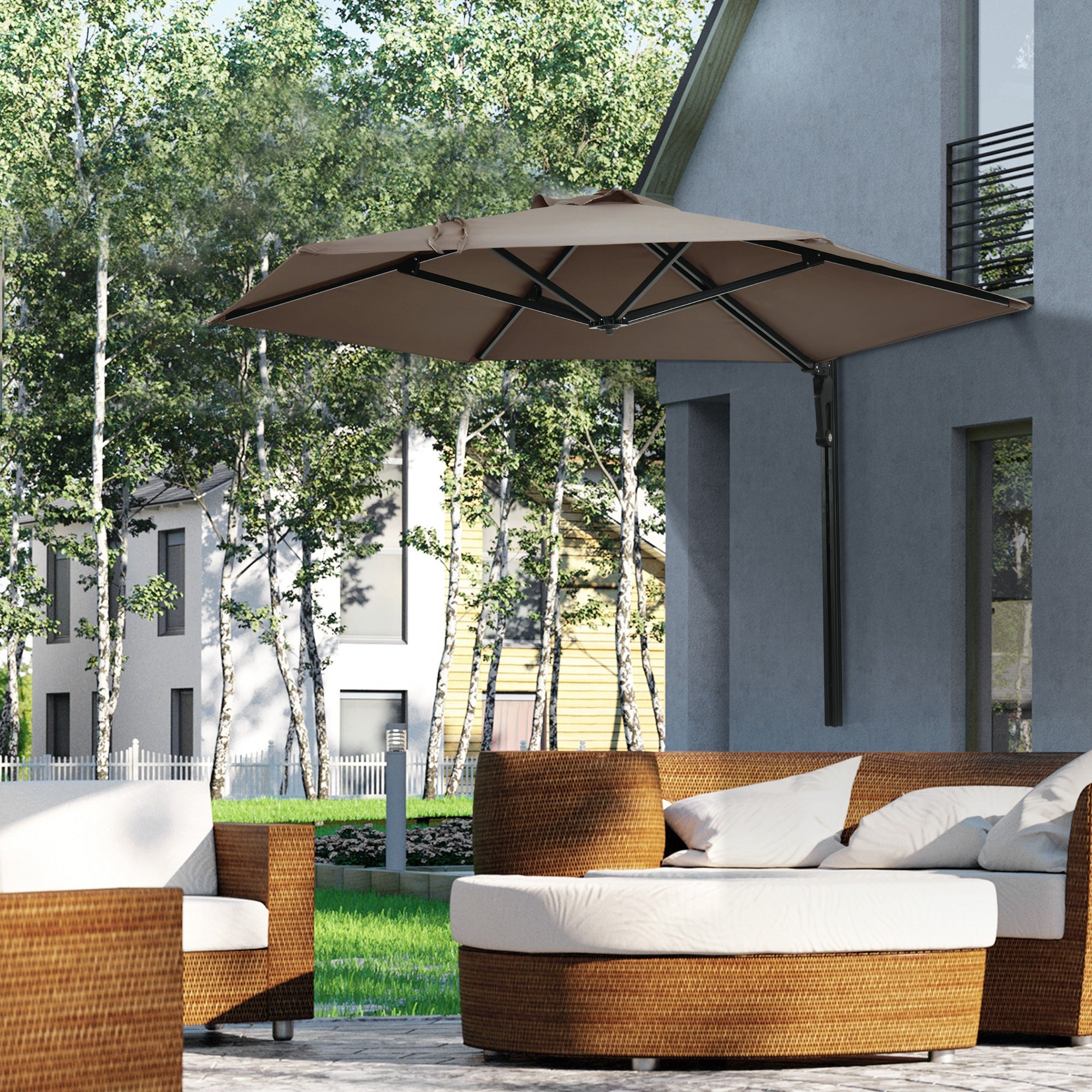 Wall Mounted Outdoor Parasol with 180 Degree Rotatable Khaki Canopy
