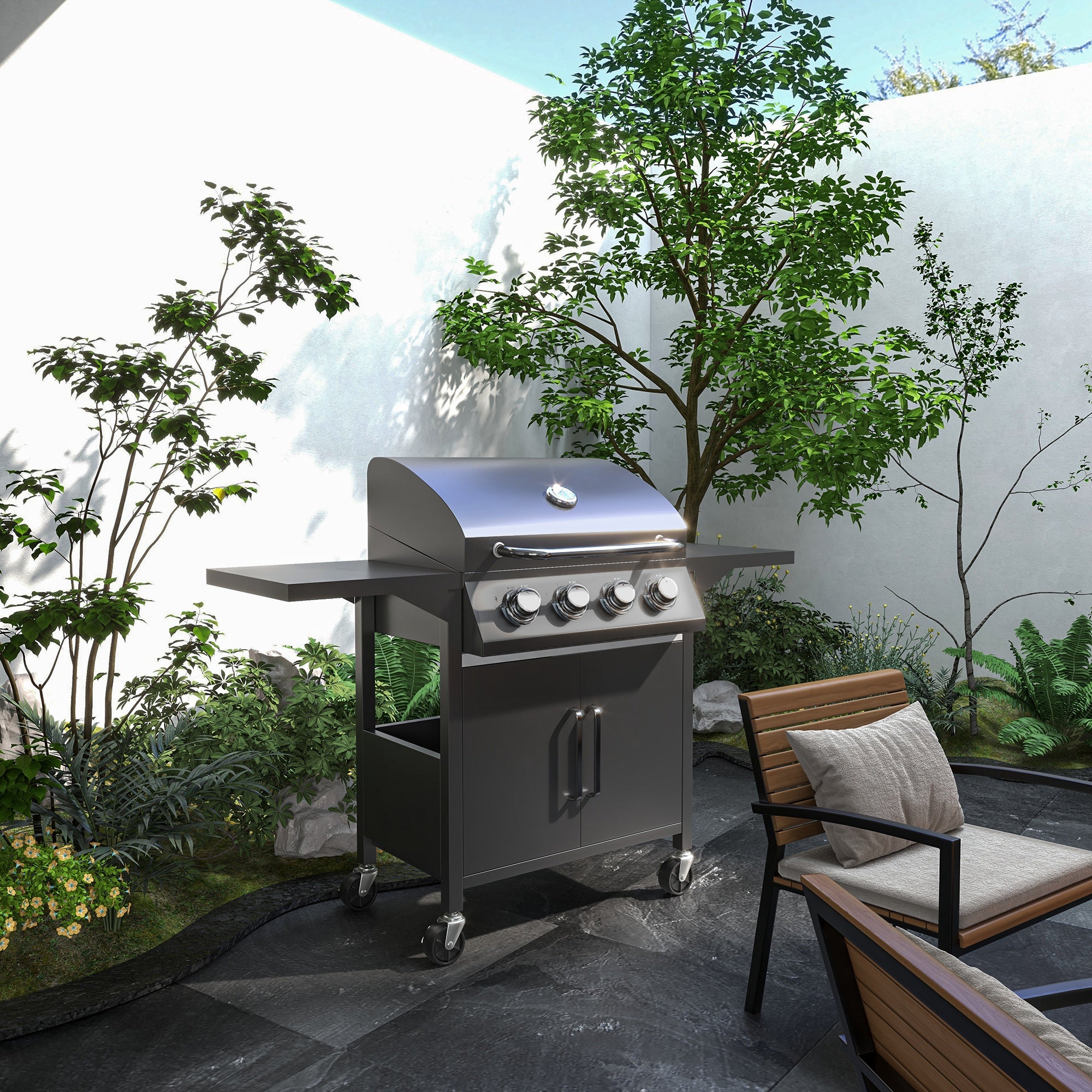 4 Burner Portable Gas BBQ Grill with Warming Rack and Thermometer - Black