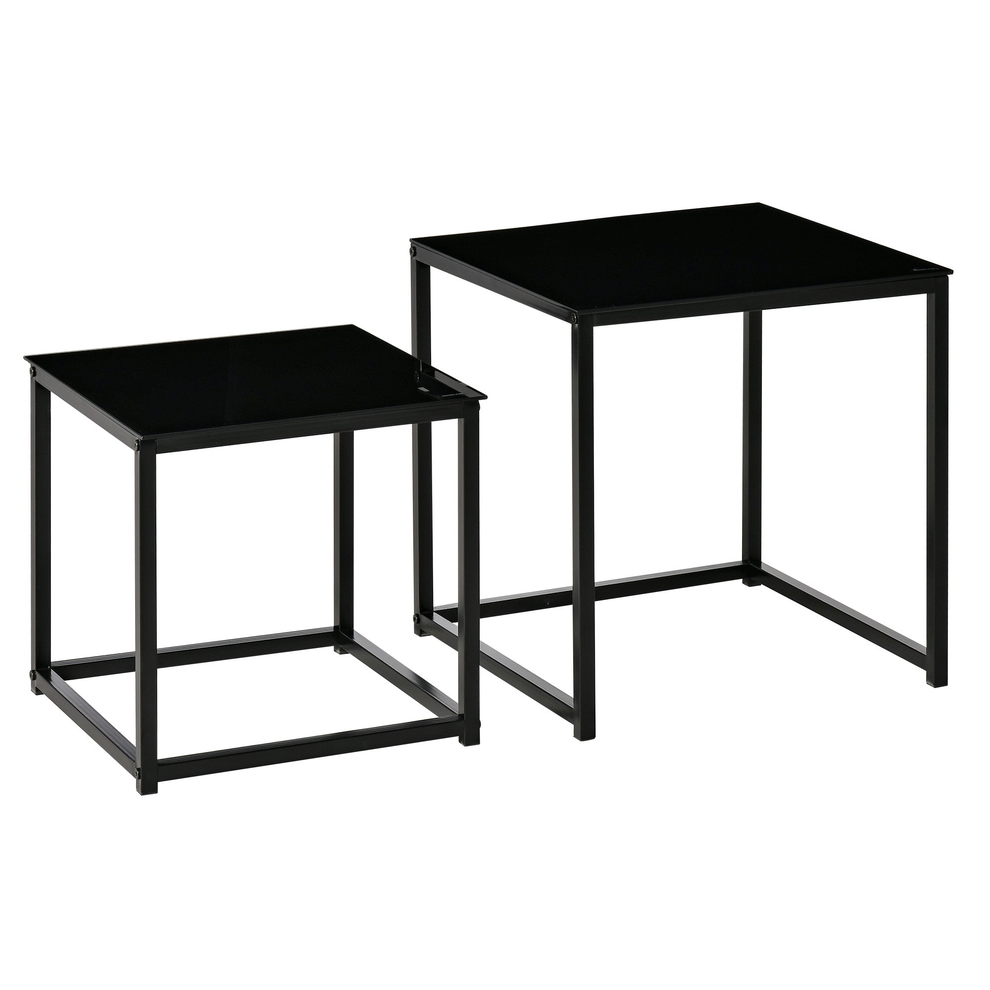 Set of 2 Modern Nesting Side Tables with Tempered Glass Top - Black
