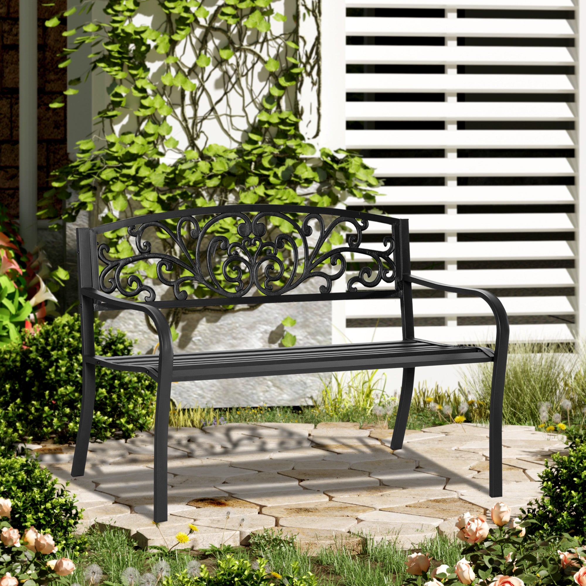 2 Seater Metal Garden Park Bench with Floral Backrest - Black