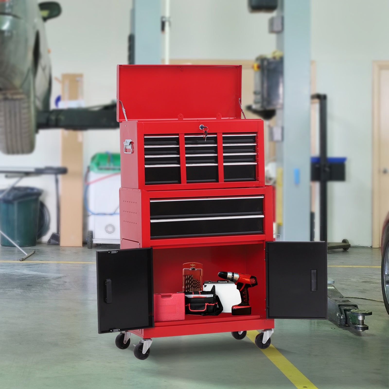 Metal Tool Chest Cabinet with 6 Drawers, Pegboard & Roller Combo 61.6x33x108cm - Red