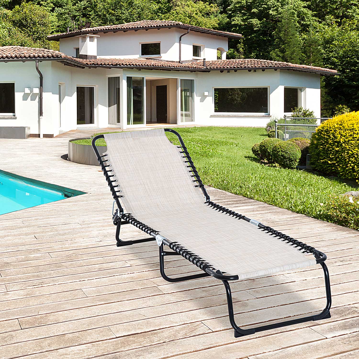 Folding Chaise Lounge Chair Reclining Garden Sun Lounger with 4-Position Adjustable Backrest for Patio, Deck, and Poolside, Cream White