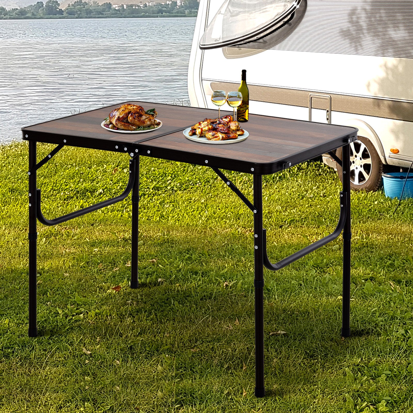 Height Adjustable Folding Camping Table with Sturdy Aluminium Frame - 3ft