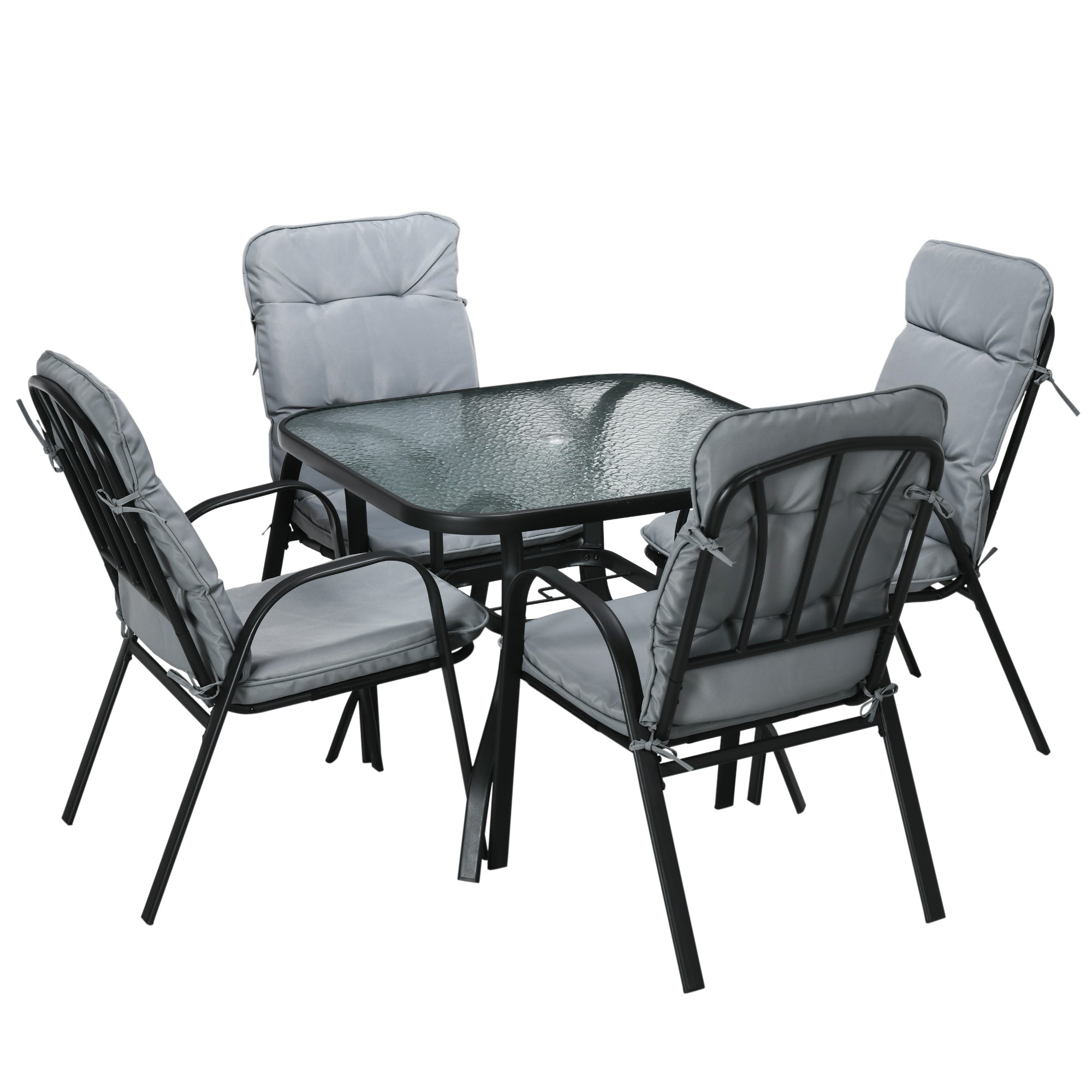 5-Piece Outdoor Garden Dining Set with Tempered Glass Table & 4 Cushioned Armchairs - Black