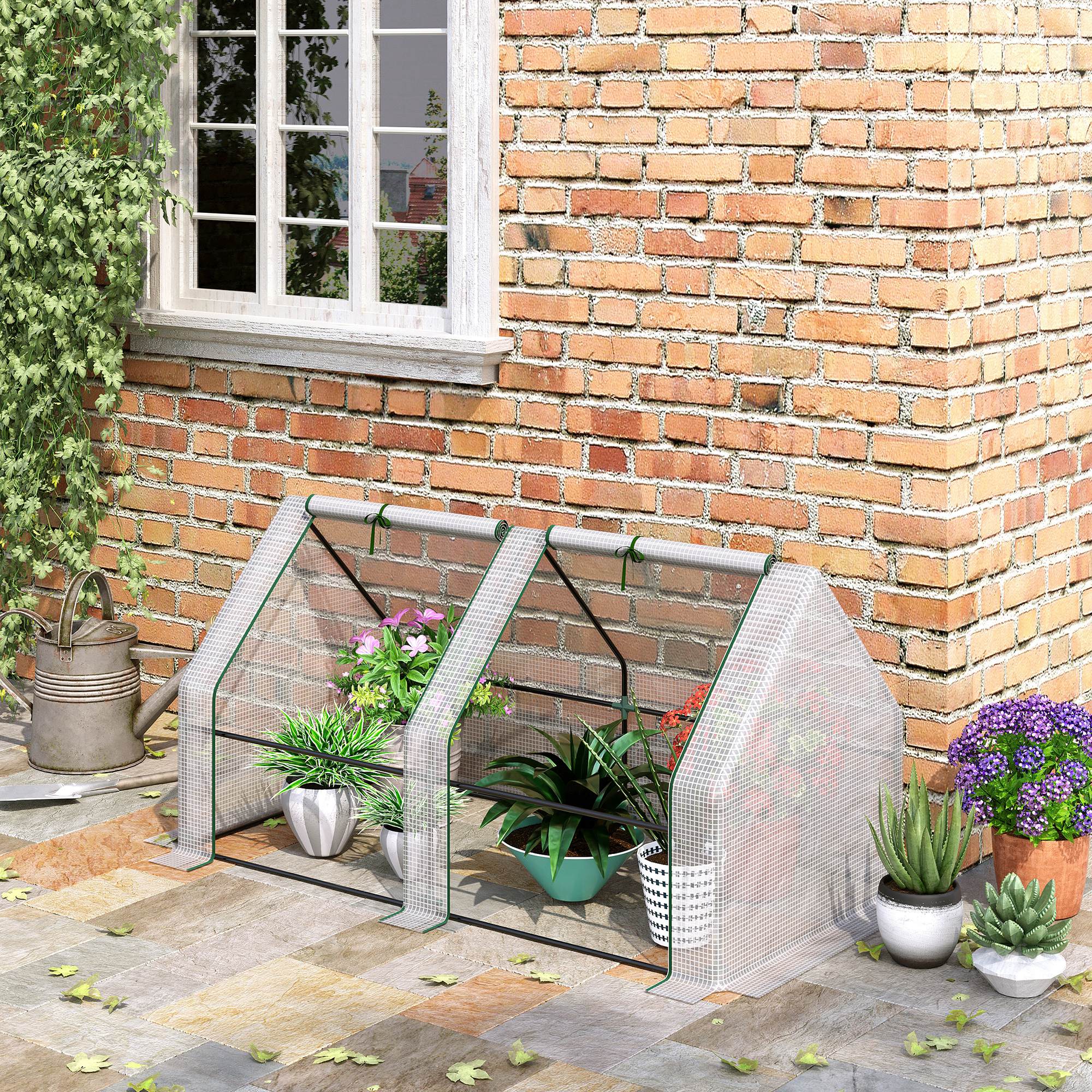 Mini Greenhouse with Steel Frame and Zippered Window - White