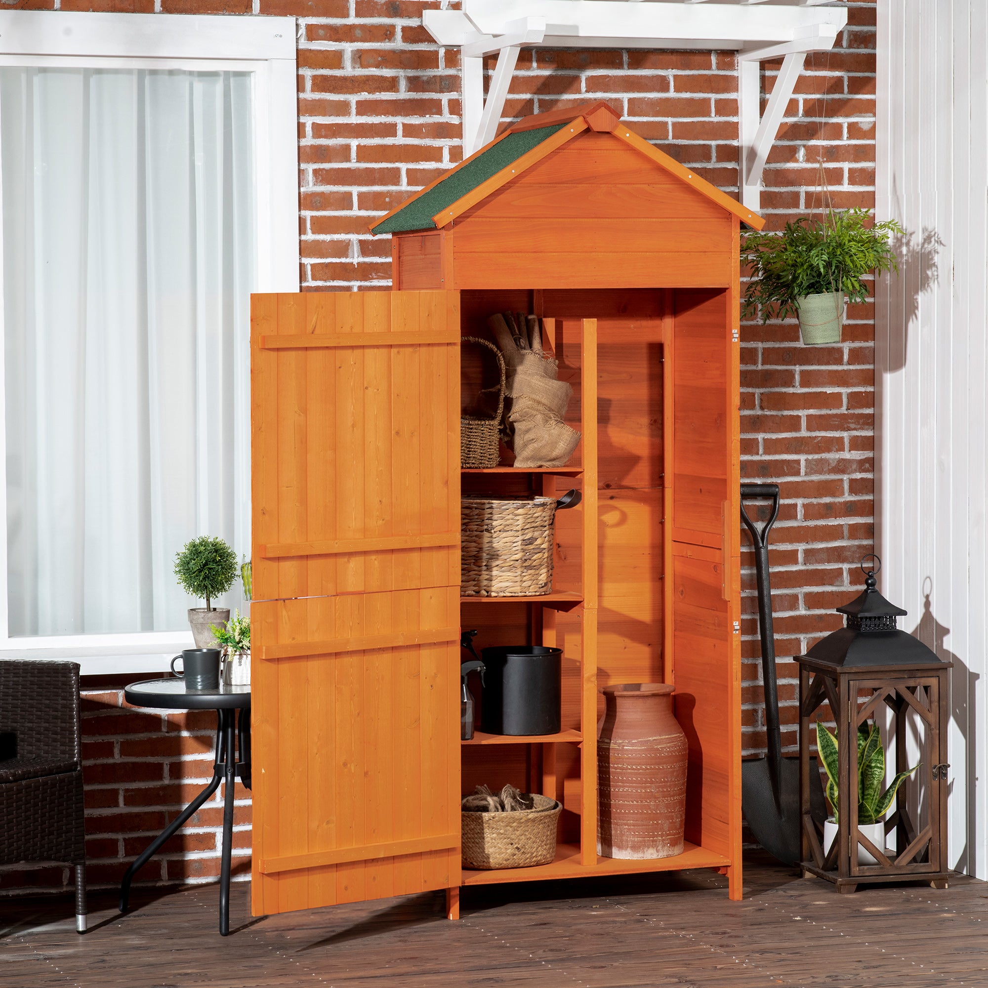 4 Tier Wooden Garden Shed with Lockable Double Doors - Teak