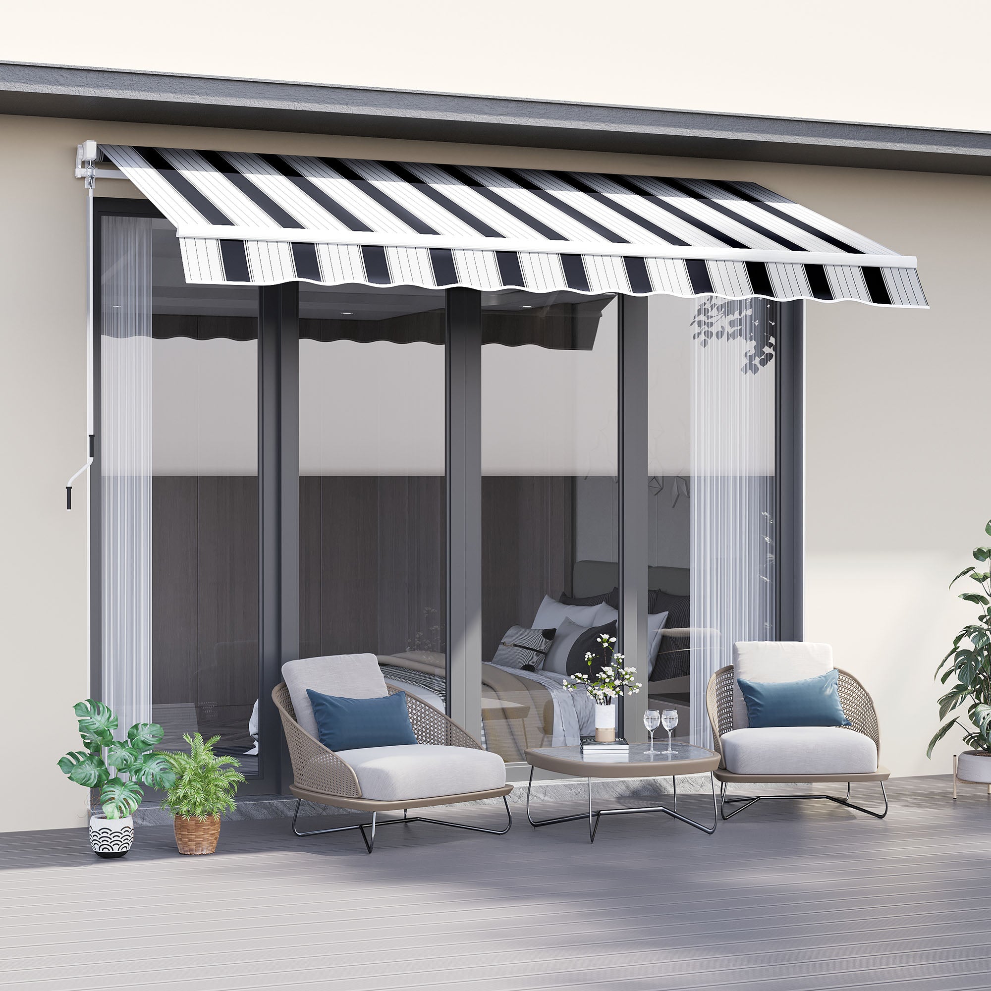 Retractable Patio Awning Canopy with Adjustable Sun Shade - Blue and White