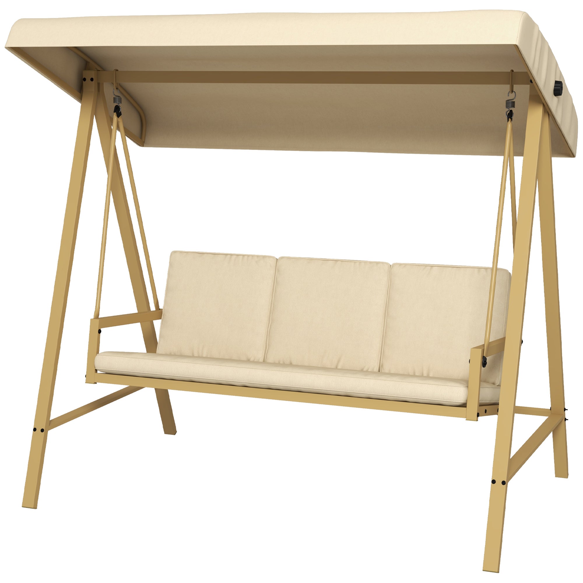 3 Seater Garden Swing Chair with Adjustable Canopy and Removable Cushions - Beige